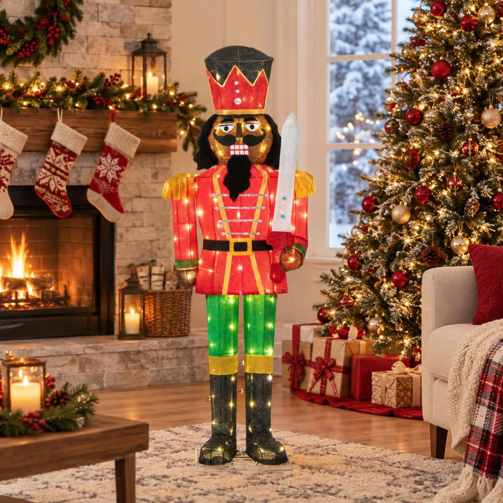 RUIE Lighted Christmas Nutcracker with Glitter Sword for Outdoor, 5 FT, Multi-color, 21.5" x 5 ft Overall, Metal Tinsel Construction