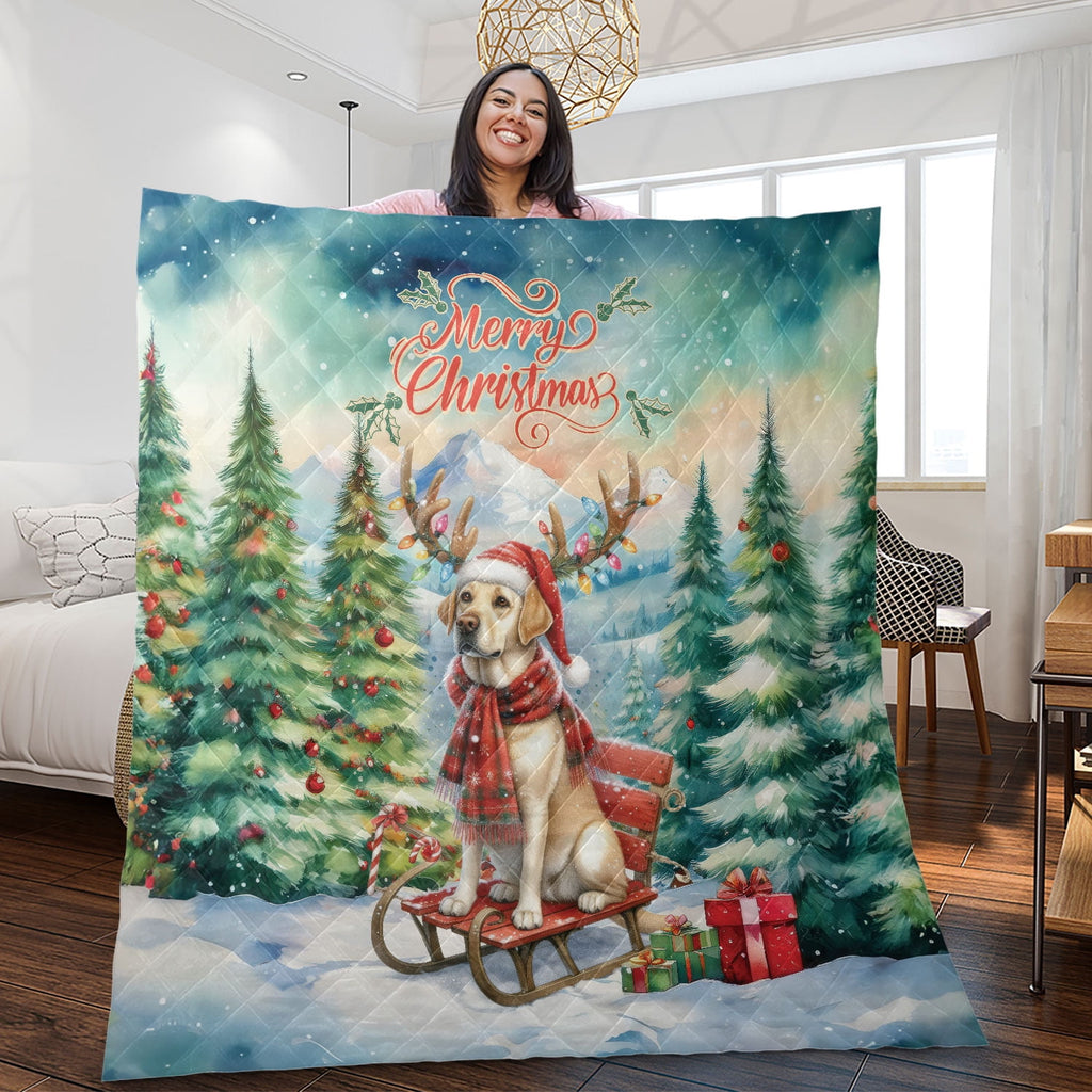 Merry Christmas Santa Reindeer Antlers French Bulldog Sleigh Xmas Winter Holiday Quilt Bedding Set Dog Lover Gifts 1 Blanket Bed Cover 2 Pillowcases - 00023