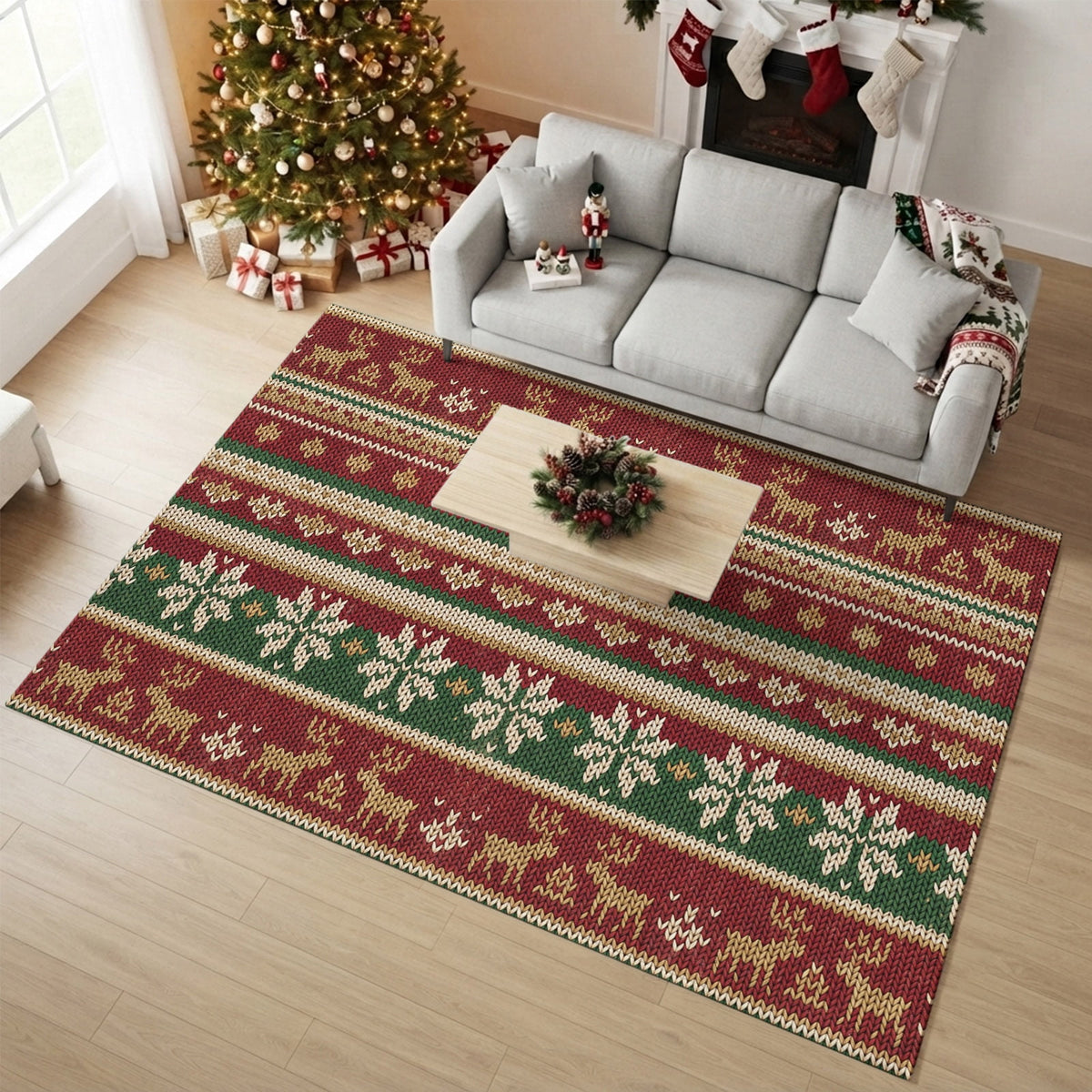 Christmas Washable Area Rug 5x7 Winter Farmhouse Red Green Snowflake Deer Striped Low-Profile Large Area Rugs with Non Slip Backing Indoor Floor Carpet for Entrance Living Room Bedroom Home Office