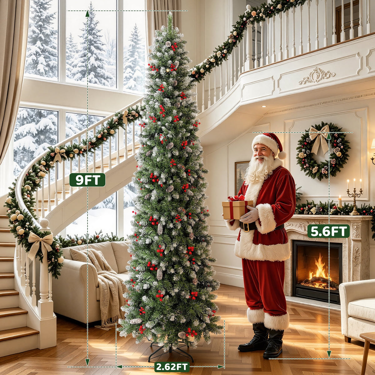Aufeile 6ft Pencil Christmas Tree, Slim Pre-Lit Xmas Tree, 200 LED Lights, 600 Hinged Tips, Pine Cones, Berries, Metal Stand