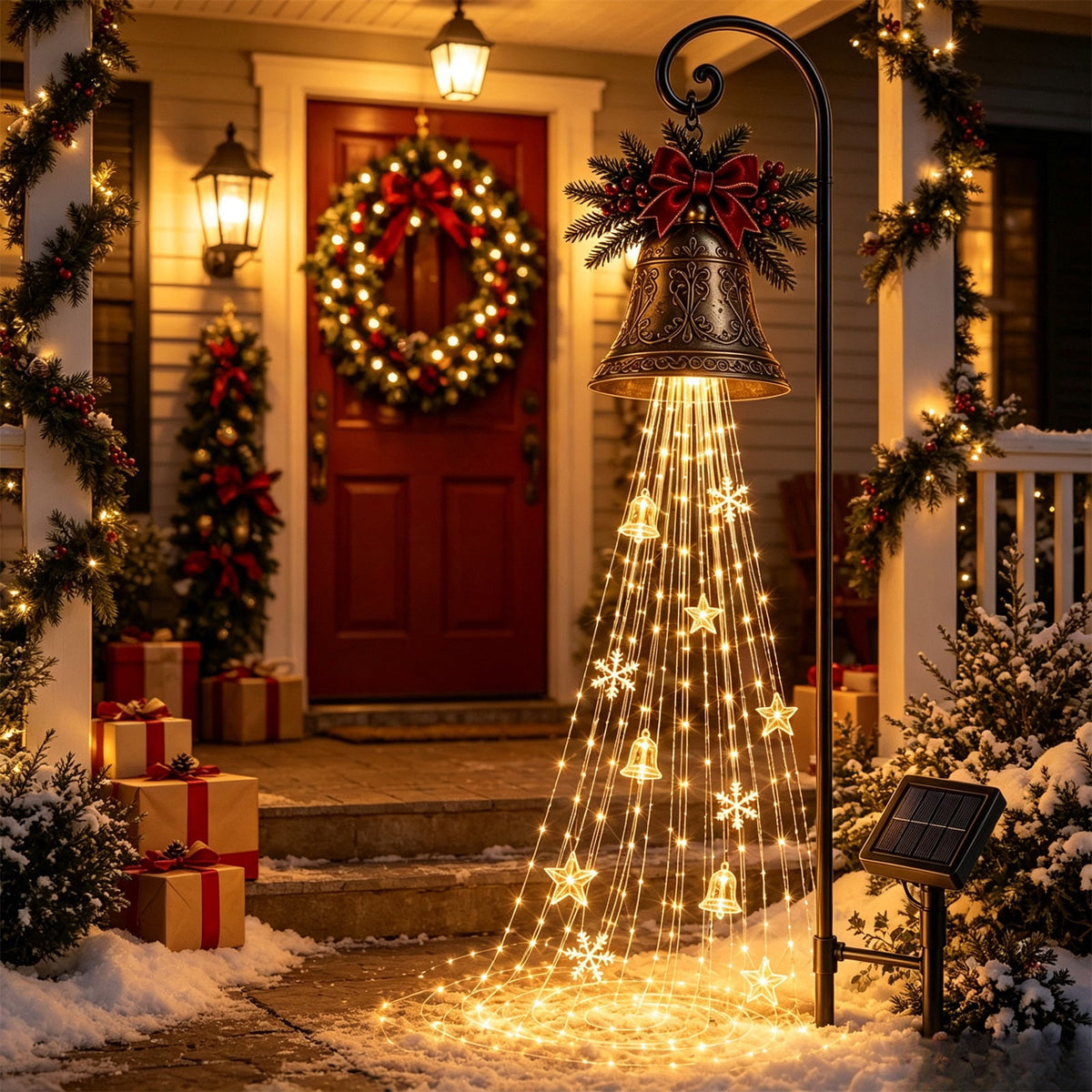Luckky Santa’s Flying Sleigh Gift Cascade Solar Christmas Garden Light,Warm Golden Cascading LED Lights with Falling Gifts & Star,Solar Powered Outdoor Holiday Decor for Lawn,Pathway & Yard