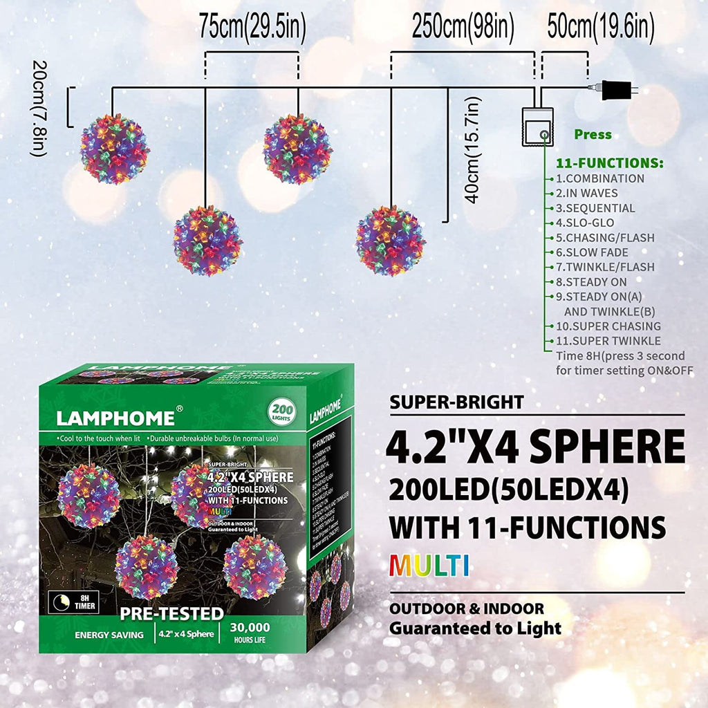 Twinkling Multicolored Sphere Light,Sphere Ornament LED Christmas Lights, Indoor or Outdoor Décor for Home, Garden, Lawn, 4.2 Inch (4X50LED) - Multicolor