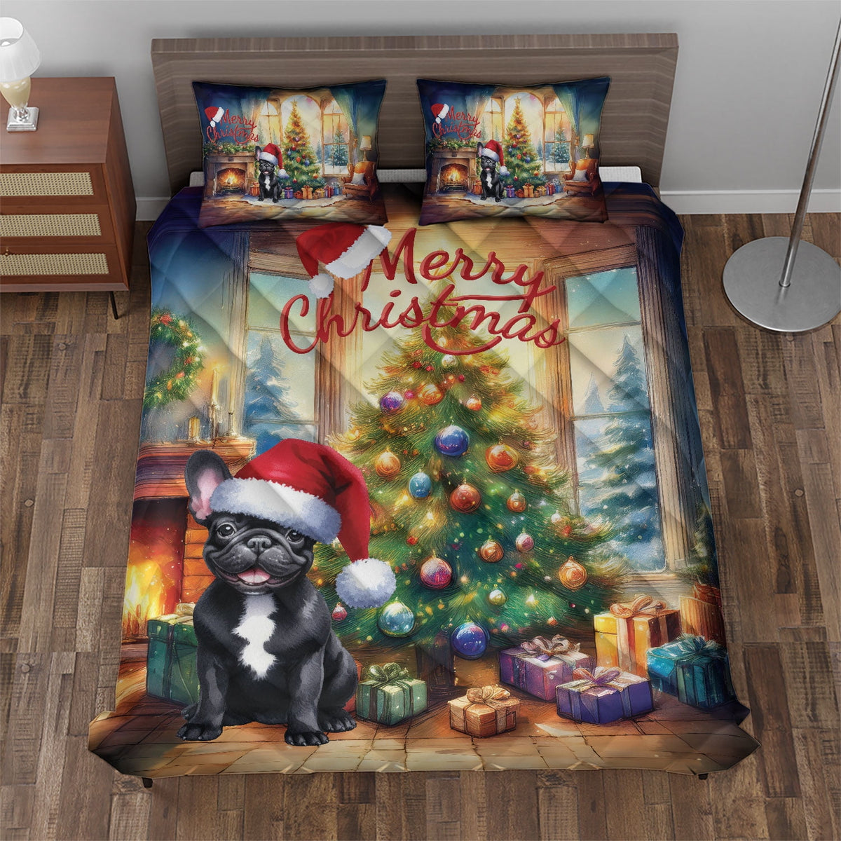 Merry Christmas French Bulldog Santa Hat Xmas Tree Winter Holiday Quilt Bedding Set Dog Lover Gifts 1 Blanket Bed Cover 2 Pillowcases - 01013