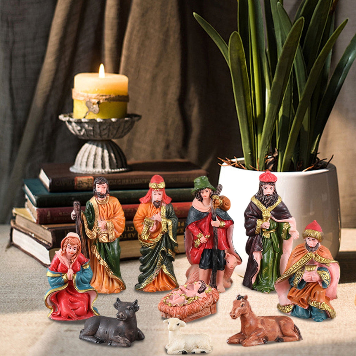 Christmas Nativity Religious Ornaments (10 Pcs) - Little People Nativity Set Resin Manger Figure Crafts, Exquisite Design for Living Room Study Decor