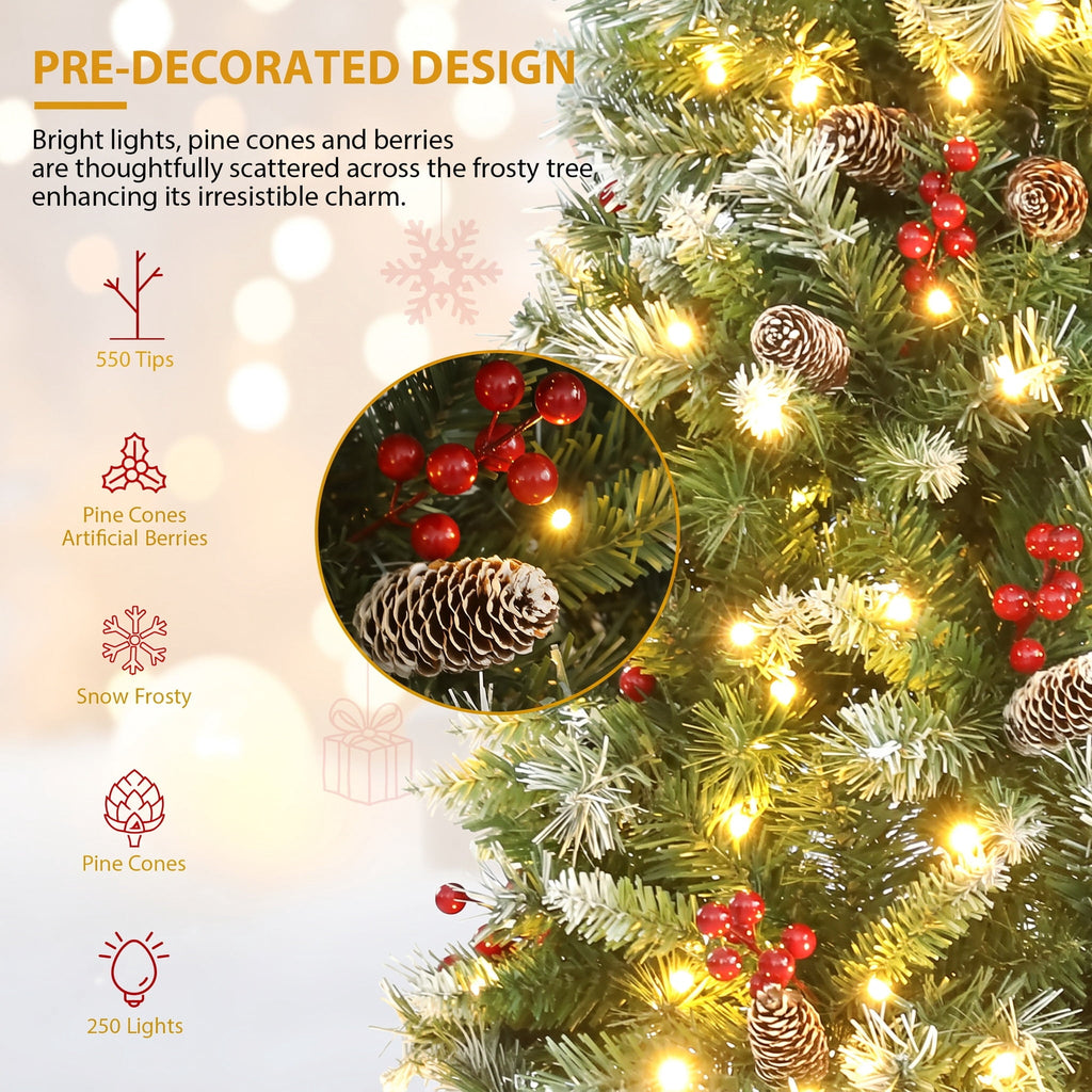Legooin 6FT Pre-lit Christmas Tree Flocked Artificial Xmas Tree with 800 Branch Tips, 300 LED Lights, 51 Pinecones, for Christmas Holiday Decor, Green
