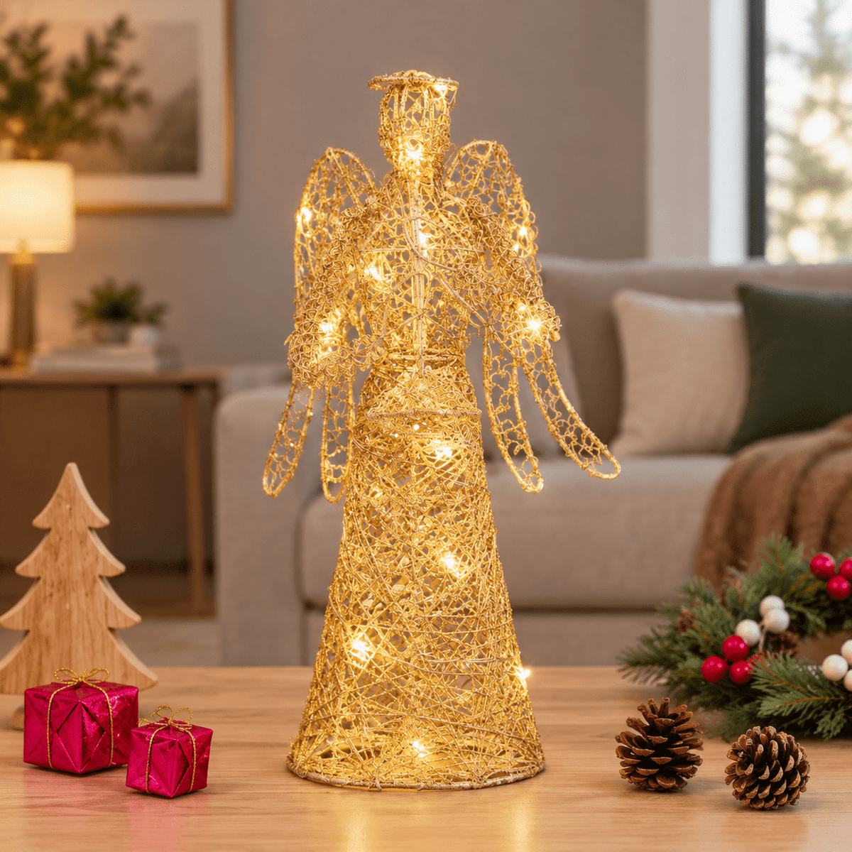 LED Angel Christmas Tree Topper, 12 Inch, Iron Alloy Holiday Decoration for Trees, Desks, and Shelves
