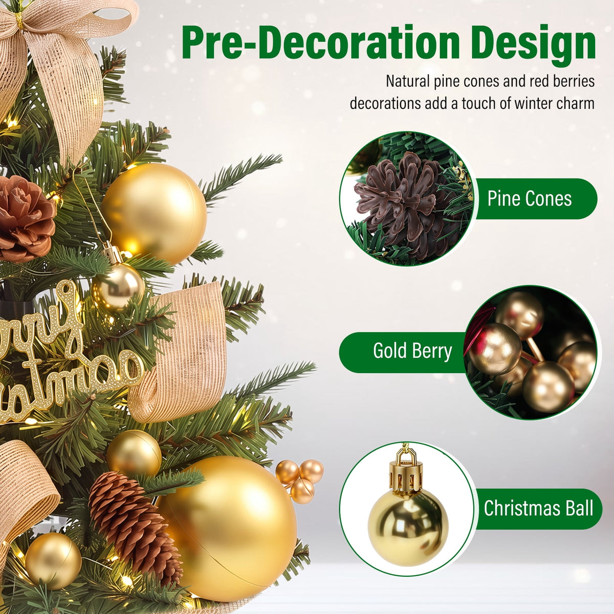 22" Mini Christmas Tree with 30 LEDs, Red Berries & Pinecones, DIY Kit, Battery Powered Tabletop Tree Christmas Decorations Gifts for Dorms, Offices, Home, Classrooms Desks & Small Spaces