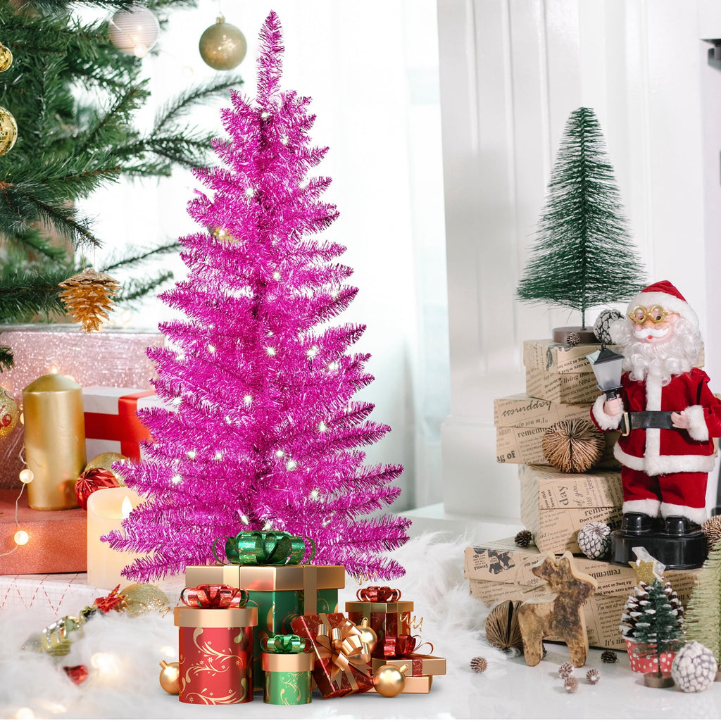 Bringstar 4FT Silver Artificial Christmas Tree with 50 String Lights, Mini Tinsel Tree, Not Pre-Lit, for Halloween & Holiday Home & Office Décor