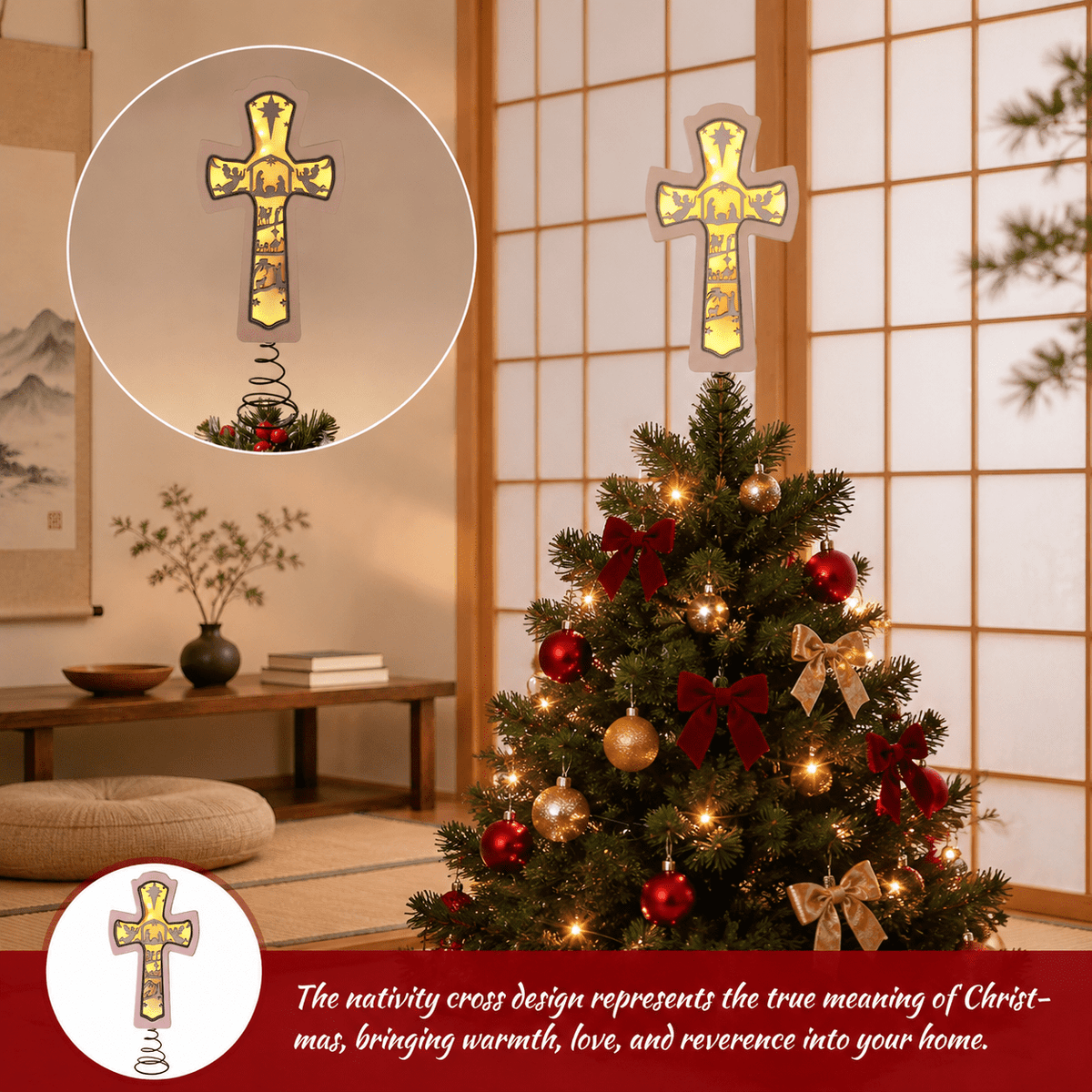 Lighted Christmas Tree Topper Wooden Nativity Cross Scene with Hollow Silhouette Glow for Holiday Decor