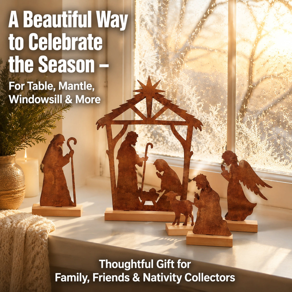 DIFELOP Christmas Table Decoration, Rustic Metal Nativity Scene with Wooden Base, 8-Piece Iron Craft Set for Home Decor, Vintage Style, Brown