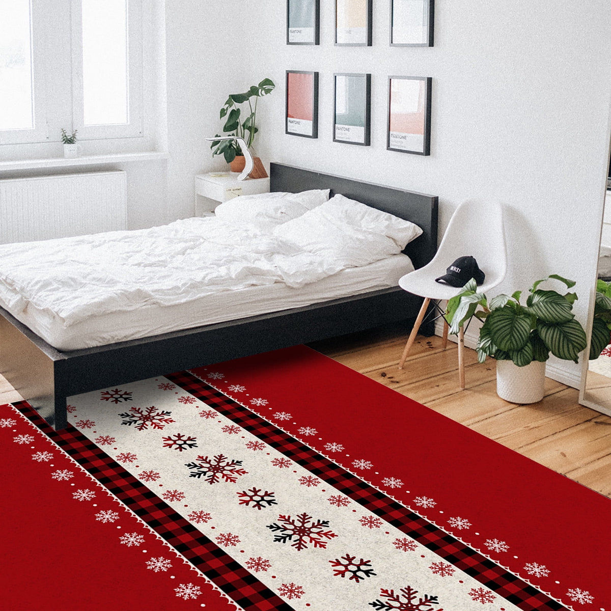 Christmas Snowflake Area Rug 5x7ft Red and Black Buffalo Plaid Non-Slip Washable Square Rugs Soft Felt Indoor Floor Mat for Bedroom Kitchen Living Room Bathroom