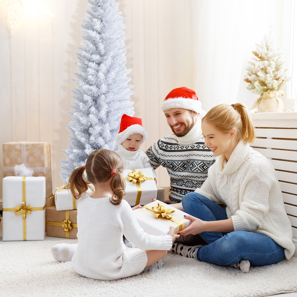 Costway 6ft Unlit Artificial Slim Pencil Christmas Tree with Metal Stand White