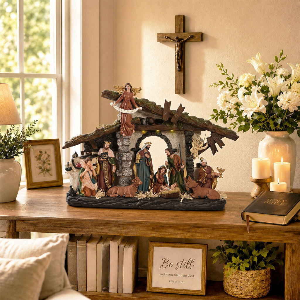Ultym 20 inch Lighted Christmas Nativity Scene Set of 12 with Rustic Stable