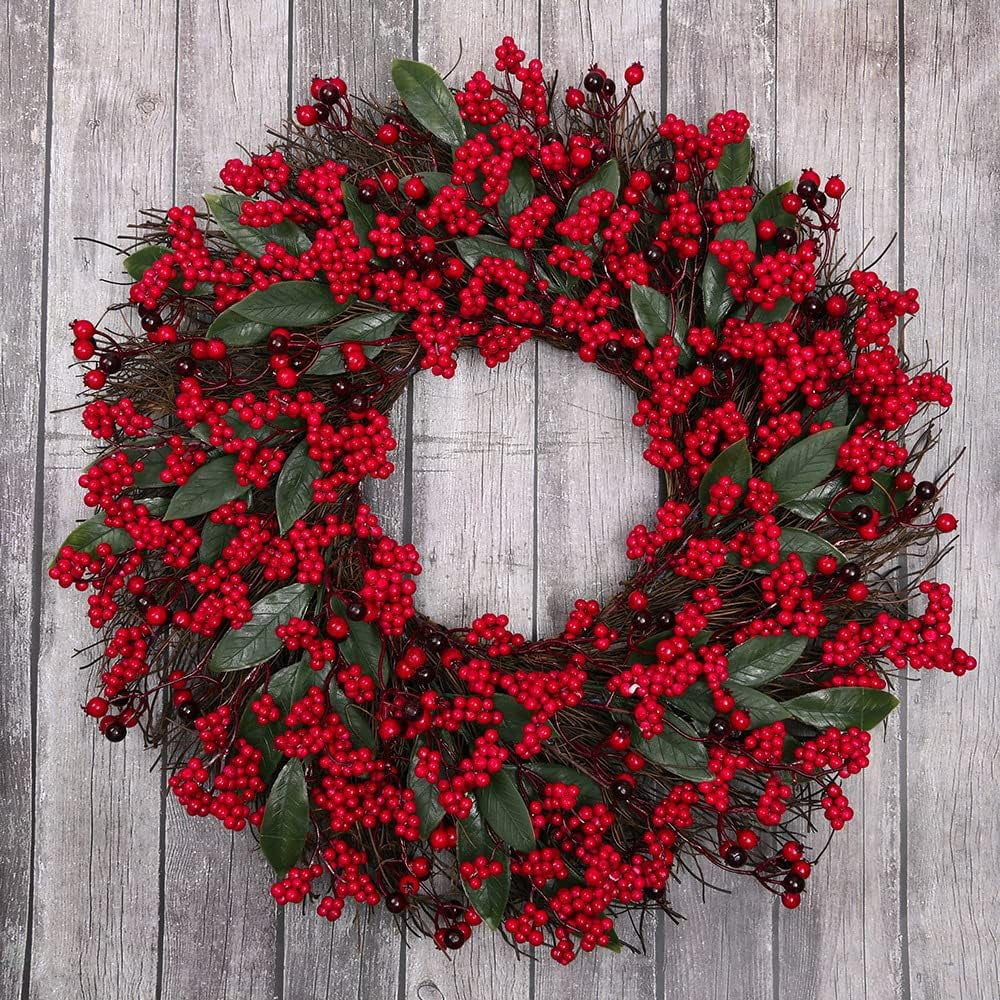 19 inches Christmas Wreaths Red Berry Wreath, Xmas Wreath with Berries for Front Door, Holly Winterberry Wreath for Home Christmas Wall Fireplace Window Party Holiday Decor