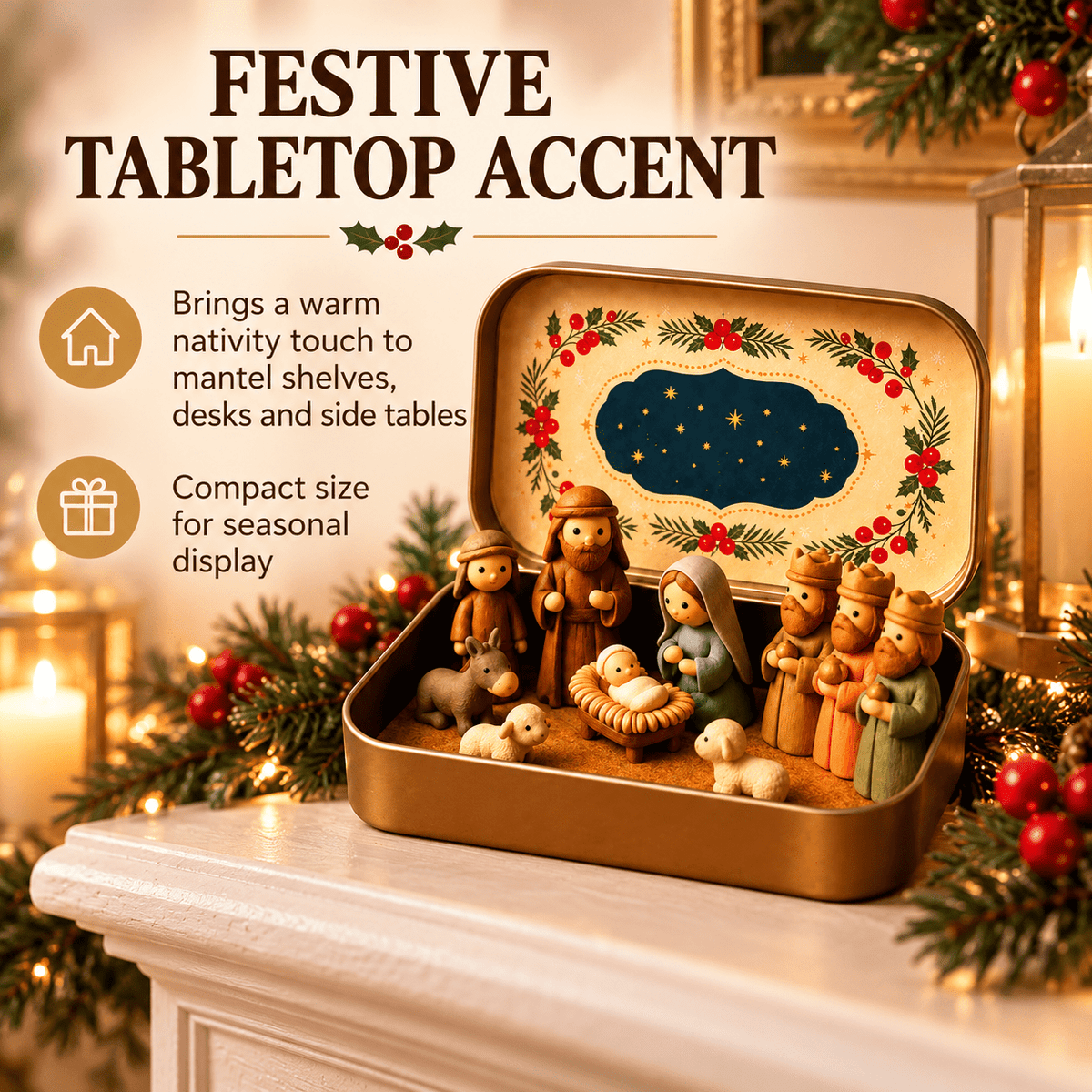 Christmas Nativity Scene in a Tin Mini Manger Scene Portable Tin Box Tabletop Decor for Mantel Shelf Fireplace Desk Holiday Decoration