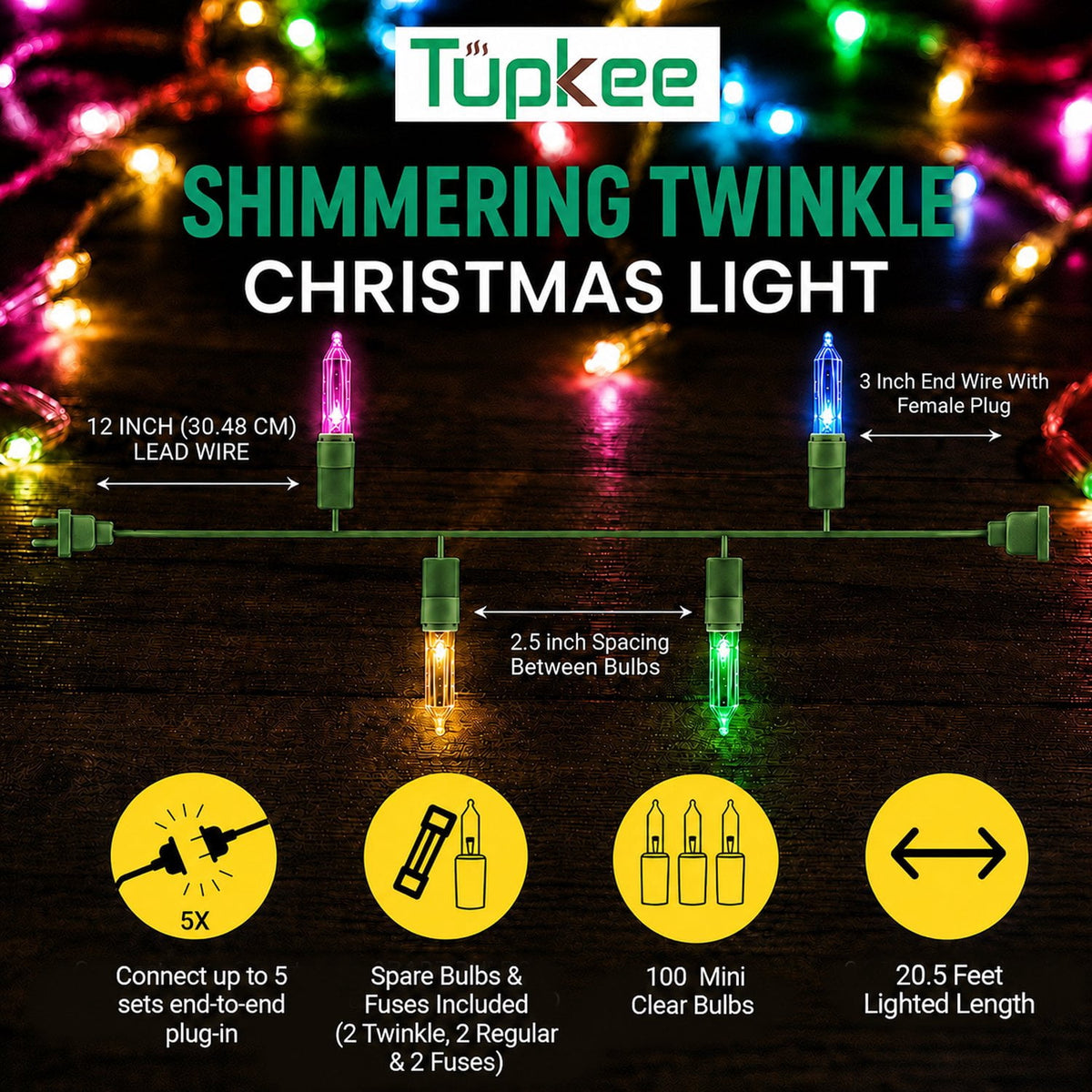 Christmas Random Shimmering Twinkle Lights - 24 of 100 Lights Twinkle Indoor Outdoor - 20.5 Feet Light String, 100 Clear Bulbs - Christmas Tree Holiday Decor Sparkling Twinkling Christmas Lights