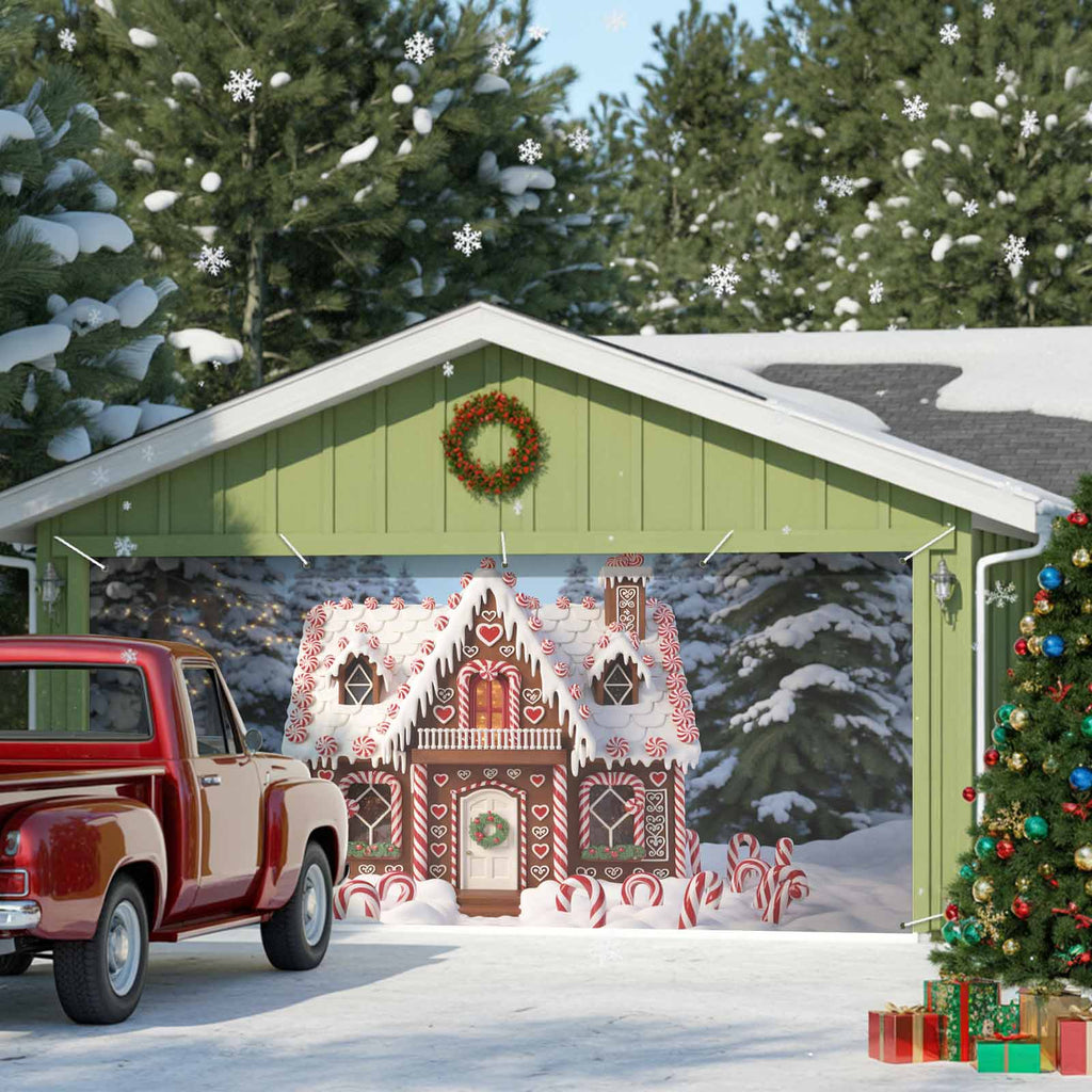 Fsddascl 7 x 16 Ft Christmas Garage Door Cover, Black Christmas Tree Large Garage Door Banner, Xmas Snowflake Green Golden Hanging Garage Mural Background for Indoor Outdoor Xmas Party Supplies