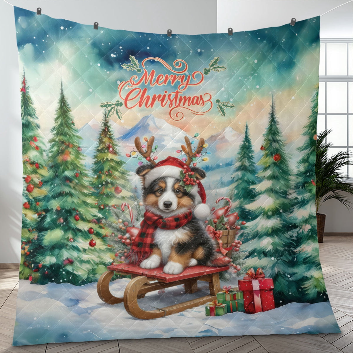 Merry Christmas Santa Reindeer Antlers French Bulldog Sleigh Xmas Winter Holiday Quilt Bedding Set Dog Lover Gifts 1 Blanket Bed Cover 2 Pillowcases - 00023