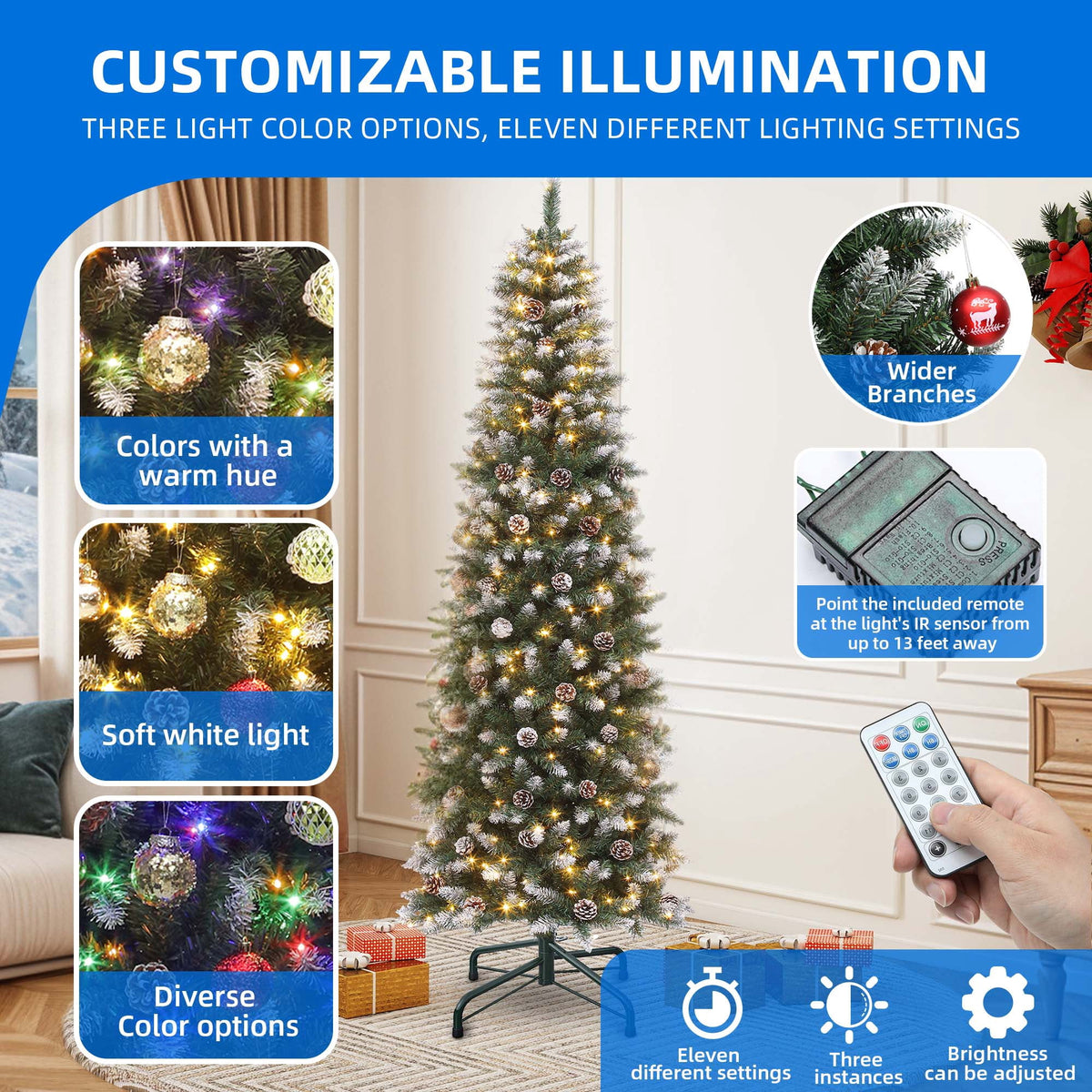 Dextrus 6 ft Prelit Pencil Christmas Tree with 50 Pine Cones, Flocked Artificial Hinged Xmas Christmas Tree with 618 Tips & 250 Lights, Remote Control,11 Light Modes, Green