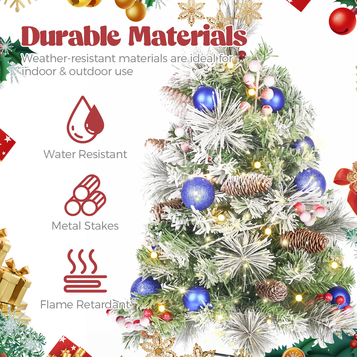 2 Pack 30 inch Prelit Outdoor Pathway Christmas Tree, Artificial Small Xmas Tree with Dual Color Berries & Balls, 30 Battery Operated Warm Lights for Holiday New Year Winter Patio Driveway Yard Lawn