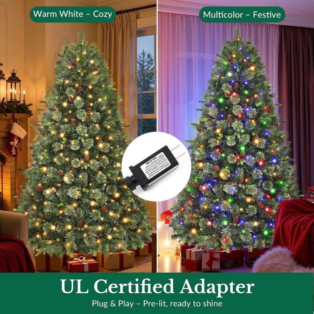 Lolsea 5.5ft Prelit PE Pine Artificial Christmas Tree with Lifelike Needles & Pine Cones, Remote Control, Warm White & Multi‑Color LED Lights