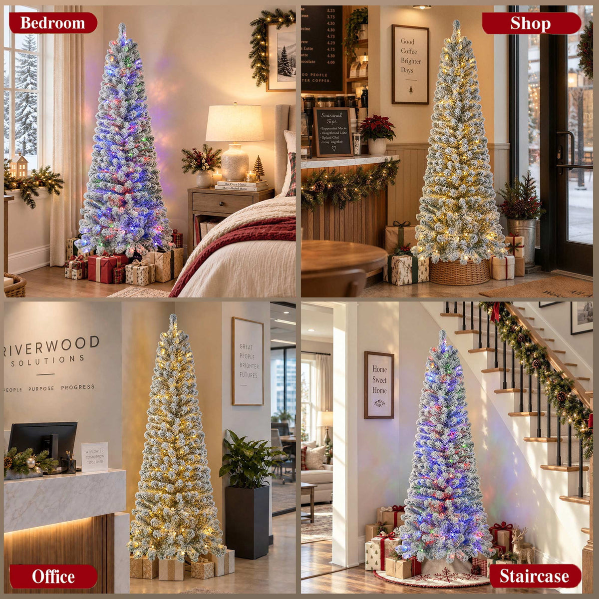 Goosiay 6ft Snow Flocked Pencil Christmas Tree, Pre-Lit Artificial Christmas Tree with 500 Tips, 250 Warm White & Multicolor Lights, 10 Modes, Slim Xmas Tree with Stand