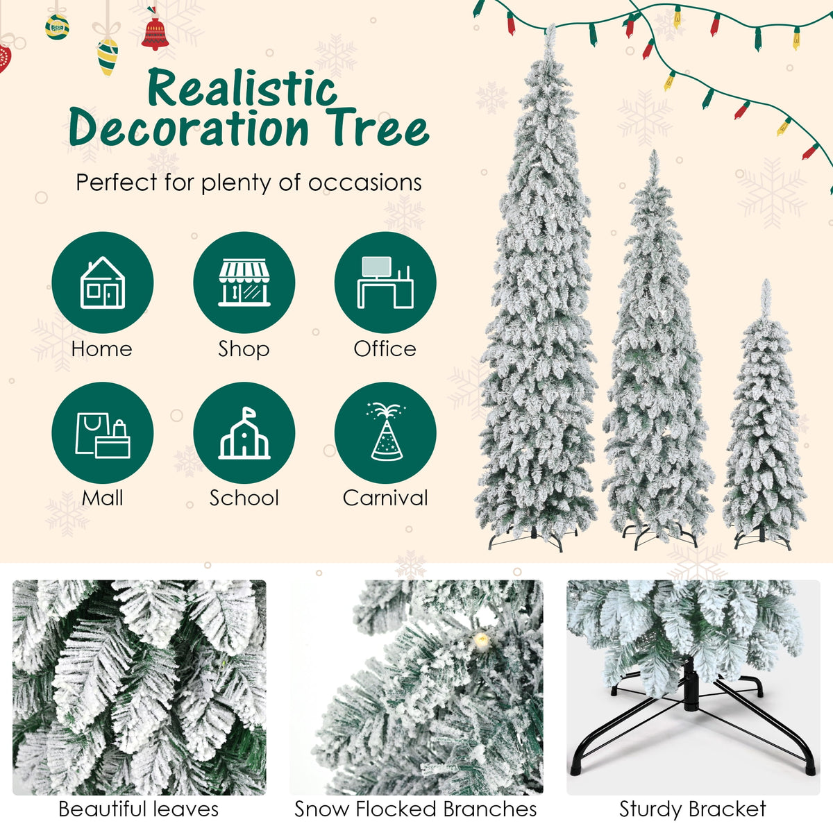 Euroco 8FT, 6FT, 4FT Pre-Lit Pencil Christmas Trees, 3-set Slim Artificial Christmas Tree With Snow Flocking, Xmas Holiday Decoration Tree, 1455 Branch Tips, 520 LED Lights, 11 Lighting Modes