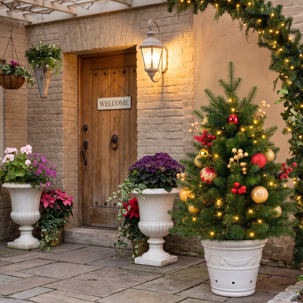 2 Pack 30 inch Prelit Outdoor Christmas Tree, Small Pre-Decorated Green Xmas Tree with Cones & Red Berries, 30 Warm Lights, Urn Filler Holiday Decor for Entrance Driveway, Yard, Garden