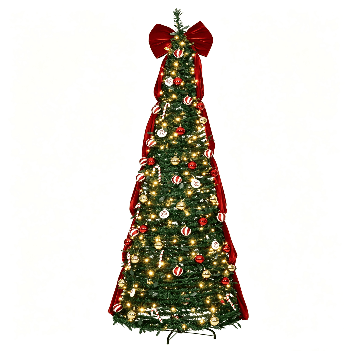 Firstness Christmas Tree 7.5FT, Pop up Pre Decorated Pre Lit Artificial Xmas Tree with 350 LED Lights, Large Bow & Ornaments, Lighted Christmas Tree with Storage Bag, Easy Installation