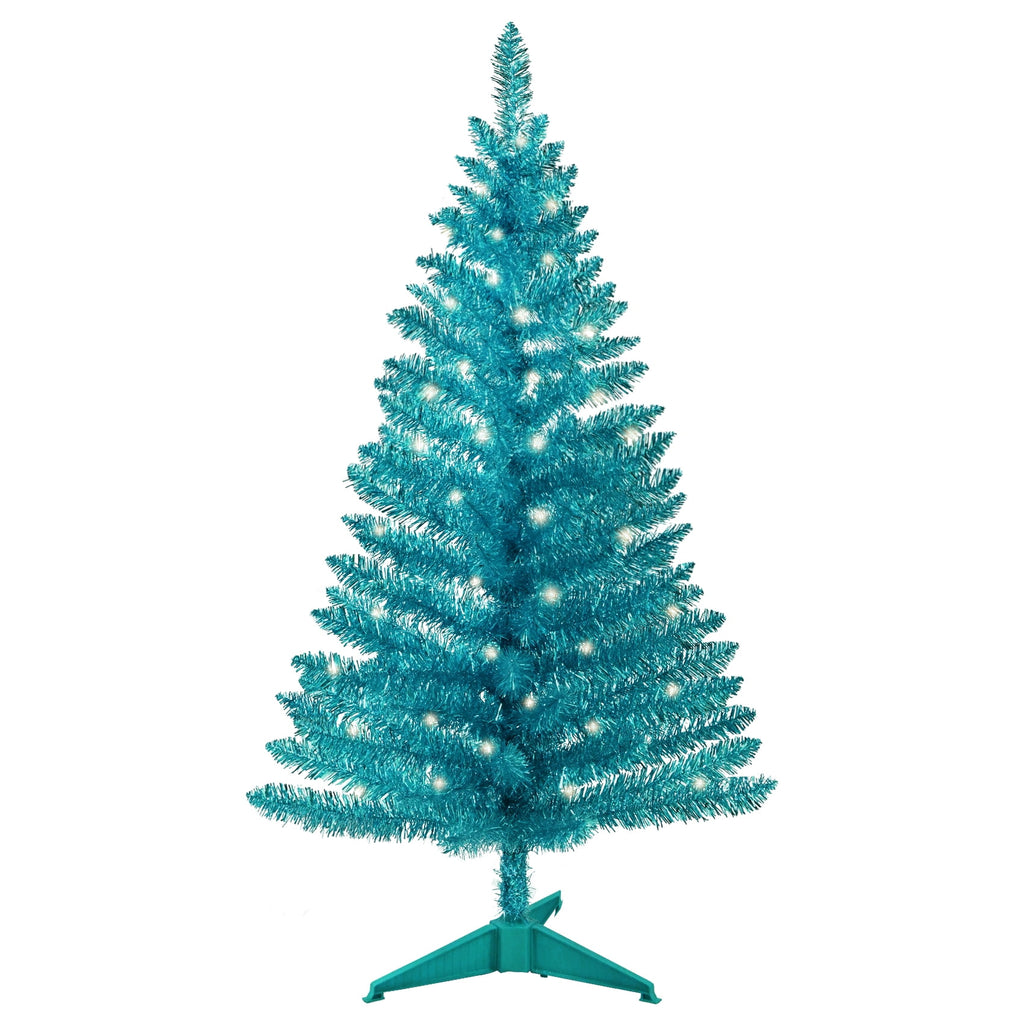 Bringstar 4FT Silver Artificial Christmas Tree with 50 String Lights, Mini Tinsel Tree, Not Pre-Lit, for Halloween & Holiday Home & Office Décor
