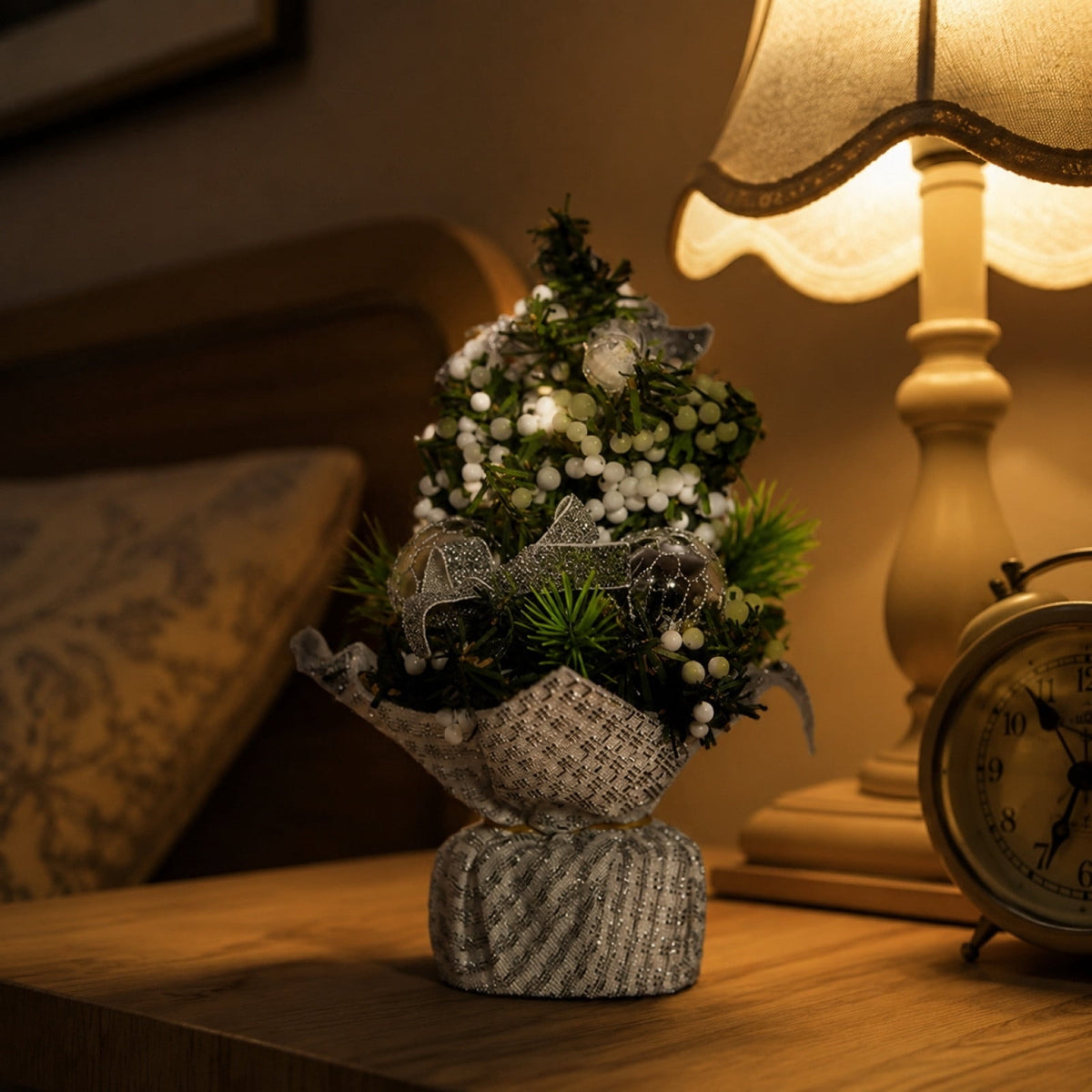 Surpdew Mini Christmas Tree Table Top Decorations- 9" Artificial Small Pine Trees with Burlap Base on Desktop, Shelves, Bedroom, Miniature Scenes Xmas for Home, Office, Party Decor