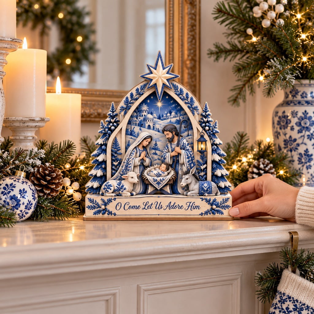 Wooden Block Blue and White Nativity Scene for Tabletop Display, Christian Christmas Gift
