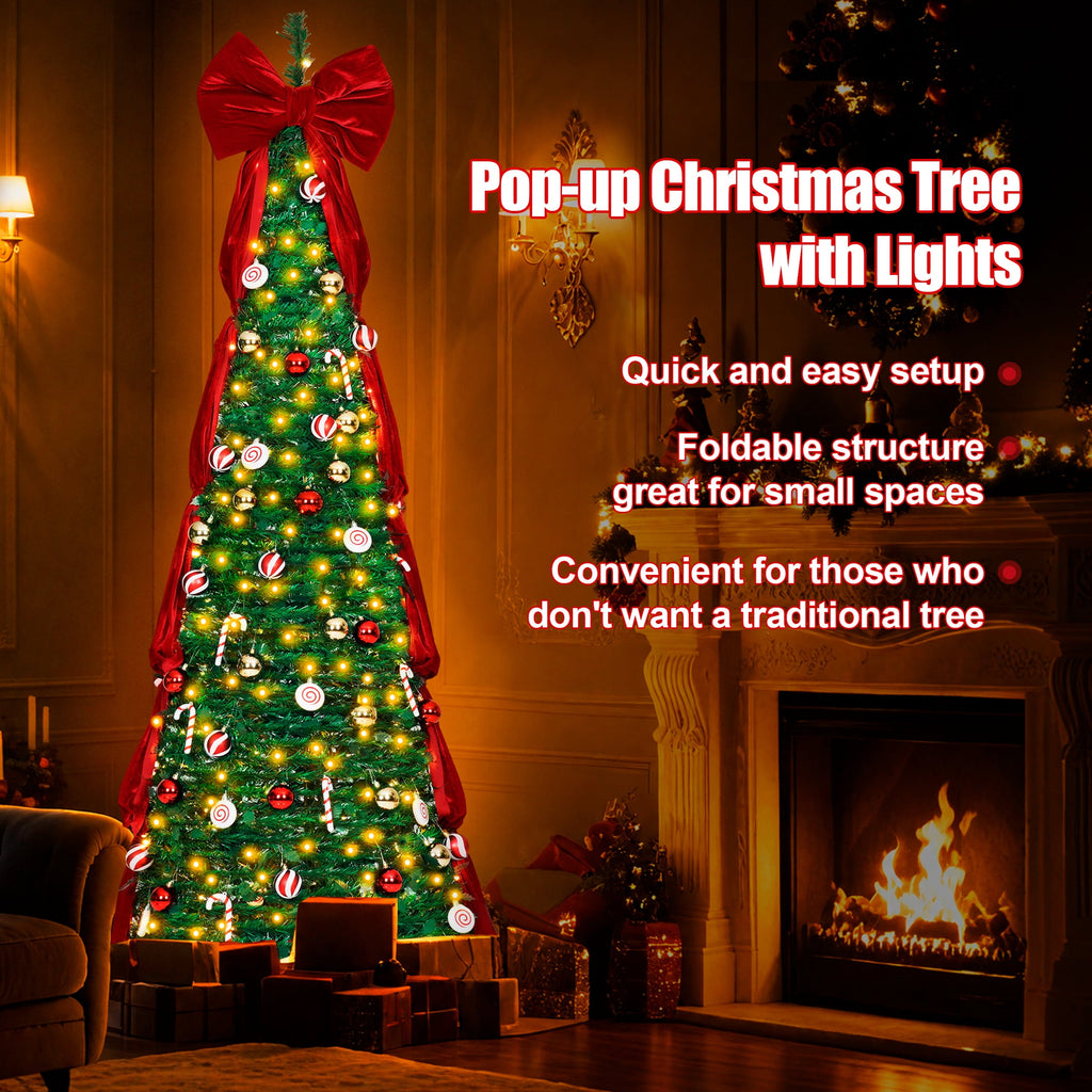 Firstness Christmas Tree 6FT, Pop up Pre Decorated Pre Lit Artificial Xmas Tree with 200 LED Lights, Large Bow & Ornaments, Lighted Christmas Tree with Storage Bag, Easy Installation