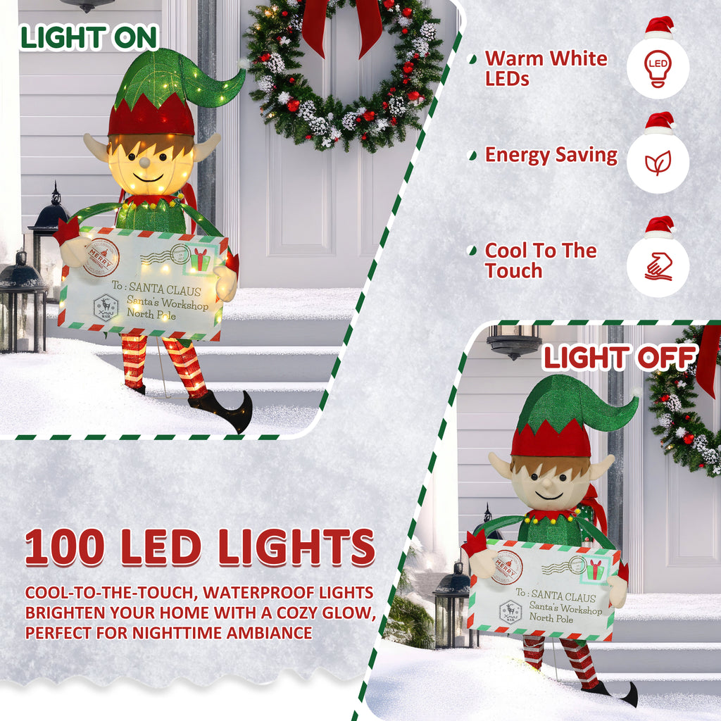 VEIKOUS 4.8ft Christmas Elf Decoration W/ 100 Warm White LED Lights, Envelope & Ground Stakes, Waterproof Pre-Lit Yard Decor for Holiday