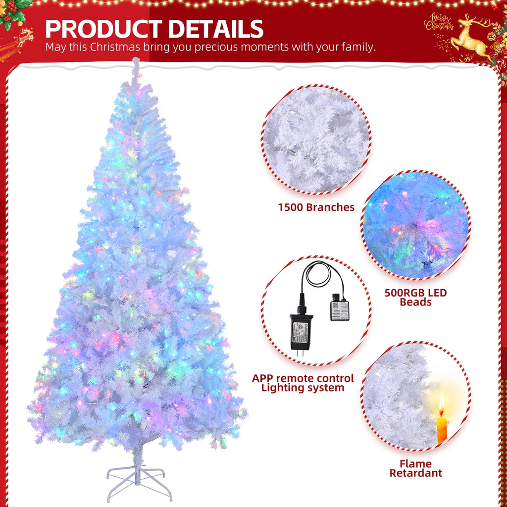 Ktaxon 8 FT Pre-lit Christmas Tree, Xmas Tree Hinged Branches with 500 RGB Lights and 1500 Branch Tips APP Controlled, for Holiday Party Store Office Home, White