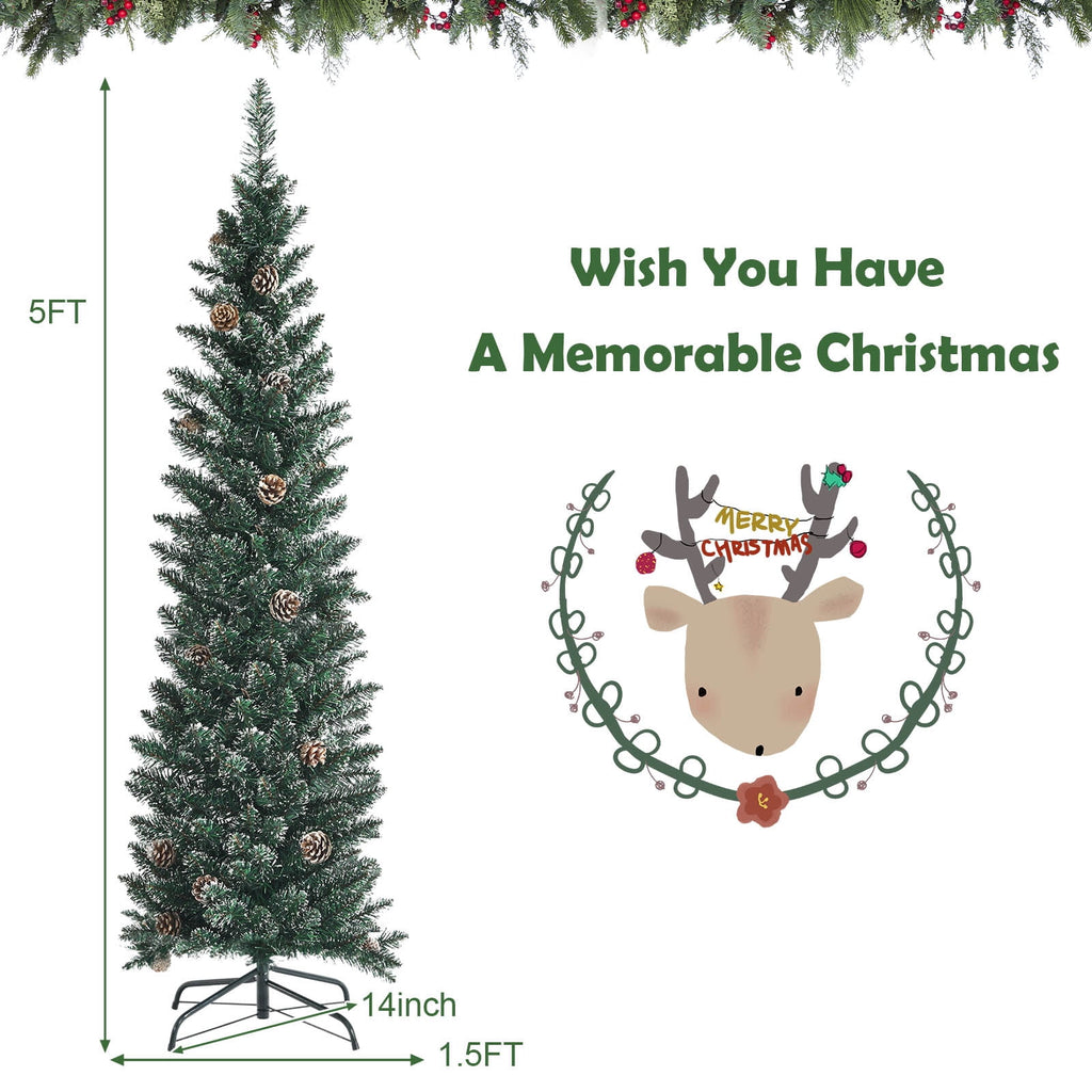 Topbuy 5FT Slim Pencil Tree Snowy Artificial Christmas Tree with 214 PVC Branch Tips & 25 Pine Cones Full Holiday Decoration Tree for Xmas