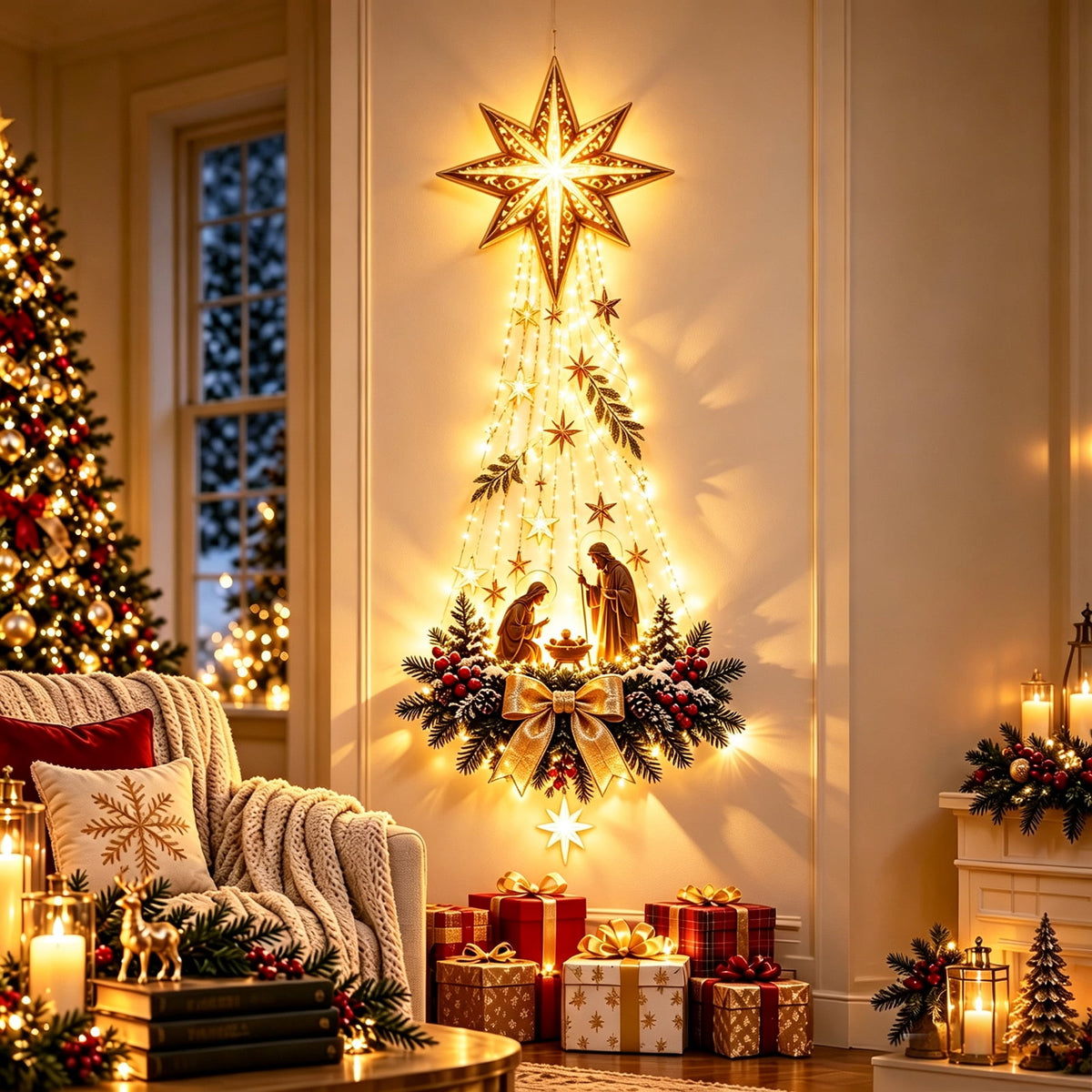 Bethlehem Star of Faith Lighted Nativity Wall Decor, Warm LED Christmas Hanging, Gold, Indoor Outdoor, Meaningful Holiday Gift B