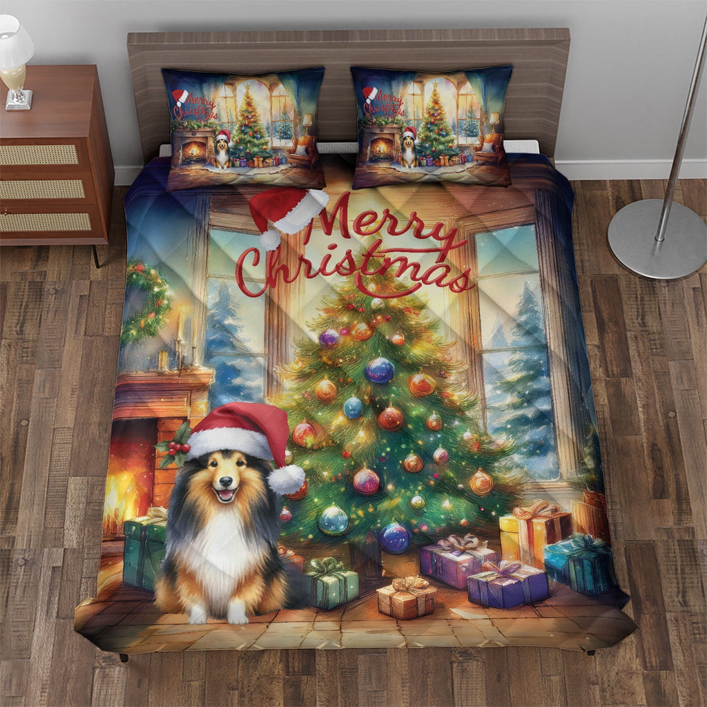 Merry Christmas French Bulldog Santa Hat Xmas Tree Winter Holiday Quilt Bedding Set Dog Lover Gifts 1 Blanket Bed Cover 2 Pillowcases - 01013