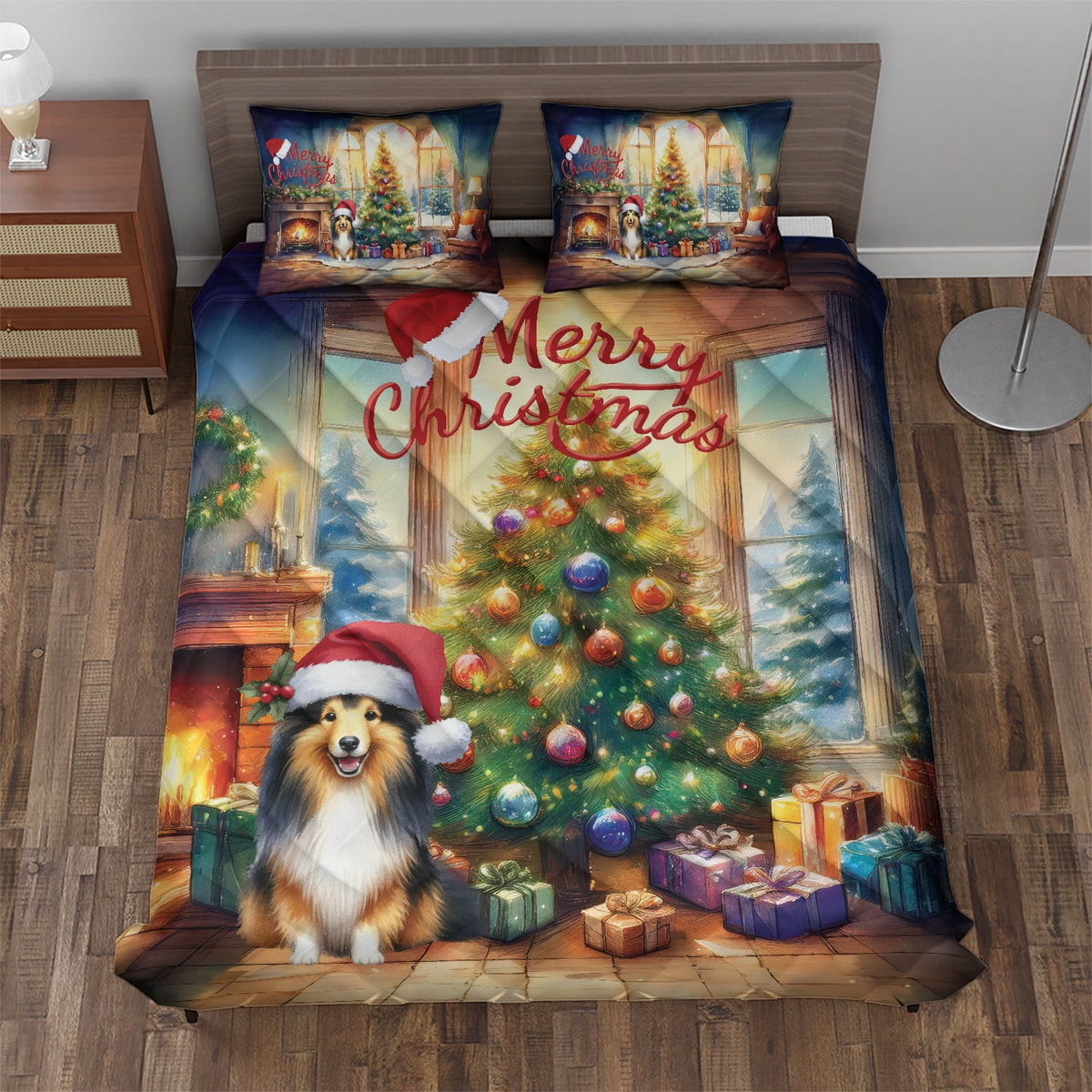 Merry Christmas French Bulldog Santa Hat Xmas Tree Winter Holiday Quilt Bedding Set Dog Lover Gifts 1 Blanket Bed Cover 2 Pillowcases - 01013