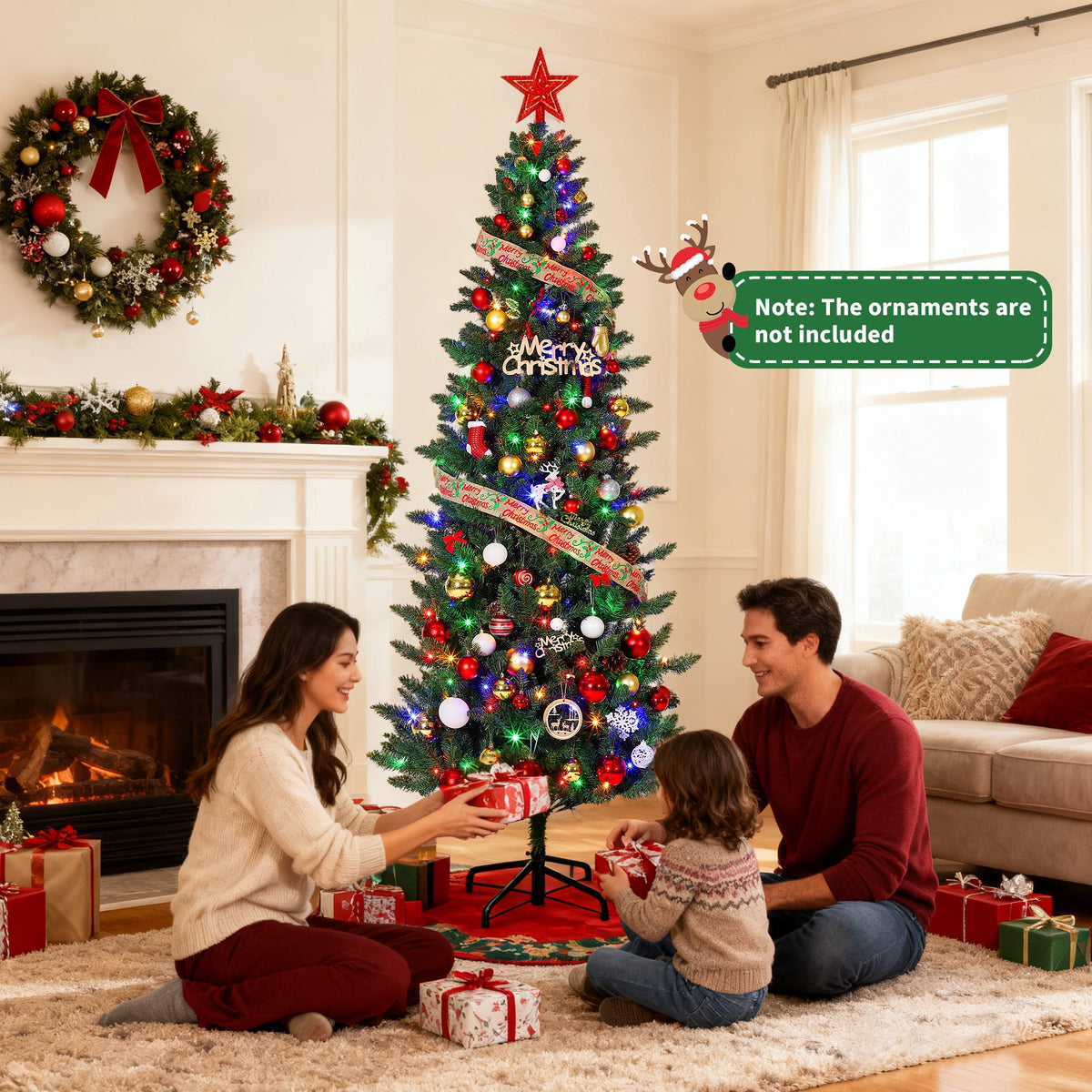 6ft/7.5ft/9ft Pencil Christmas Tree with LED Lights & Metal Stand, Pre-Lit Slim Artificial Holiday Trees,Christmas Decorations for Office,Home,Holiday