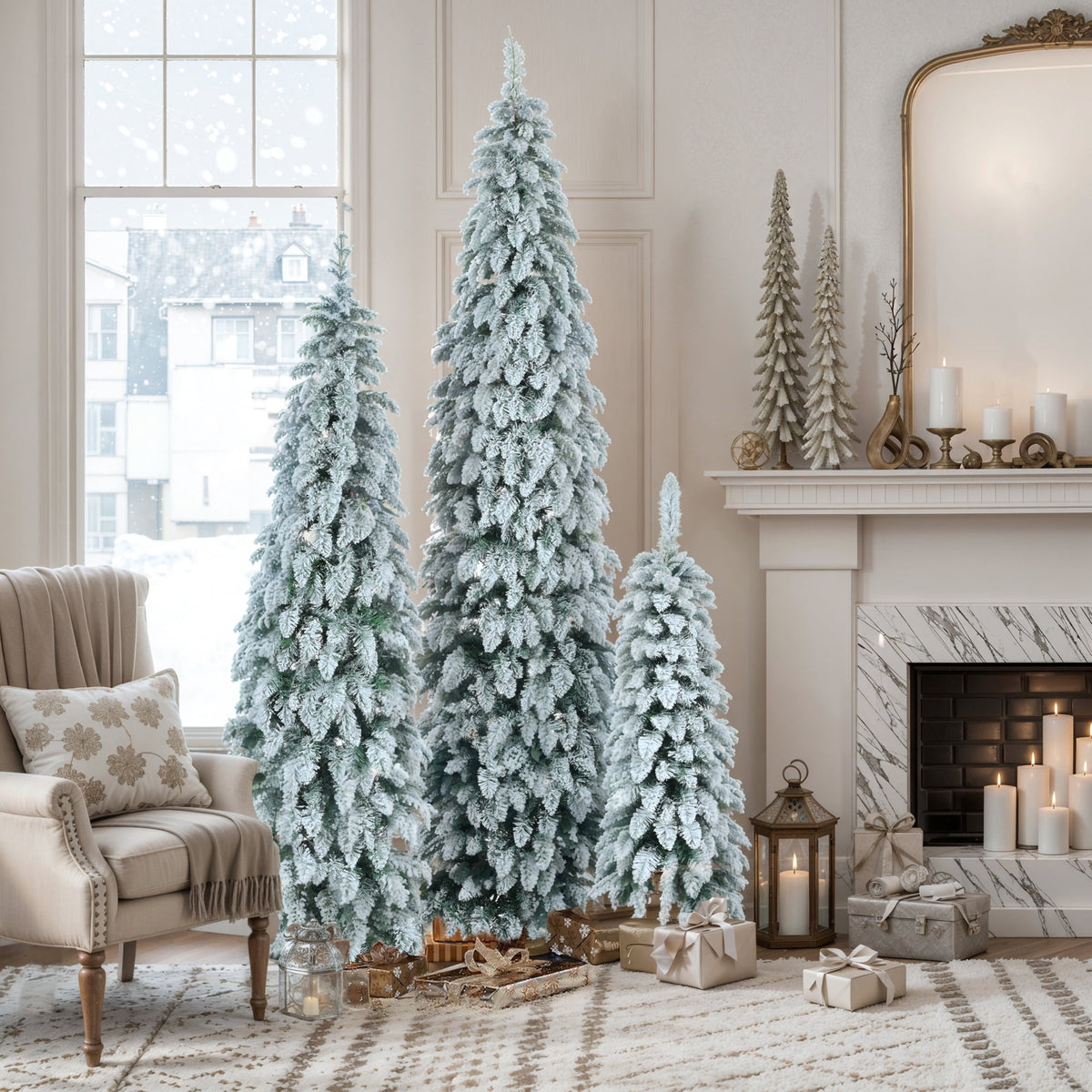 Euroco 8FT, 6FT, 4FT Pre-Lit Pencil Christmas Trees, 3-set Slim Artificial Christmas Tree With Snow Flocking, Xmas Holiday Decoration Tree, 1455 Branch Tips, 520 LED Lights, 11 Lighting Modes