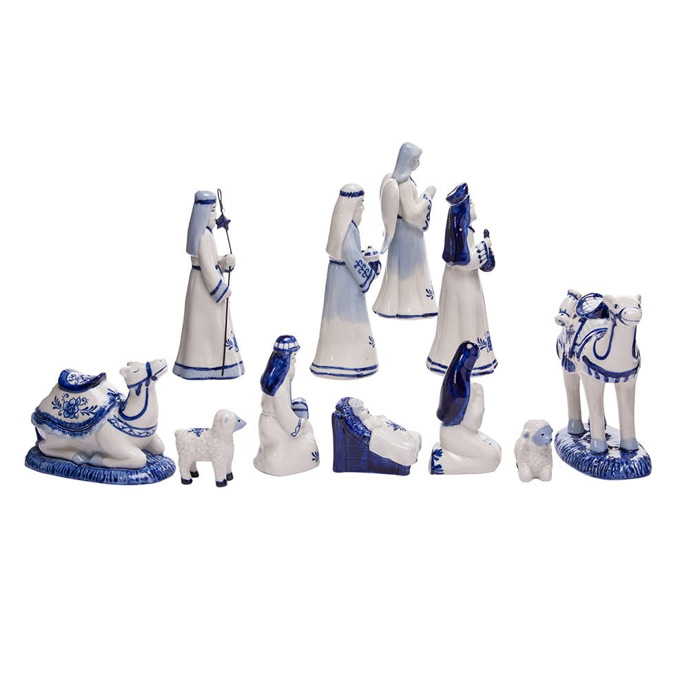 Kurt Adler 11-Piece Porcelain Delft Blue Nativity Set, 1.97"–6.7" – Holiday Christmas Figurines