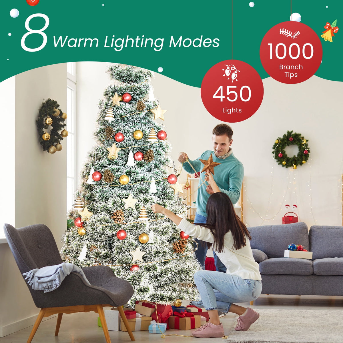 JIOABL 7.5ft Flocked Pre-lit Artificial Christmas Tree with Warm White Incandescent Lights, Home, Office, and Party Decor