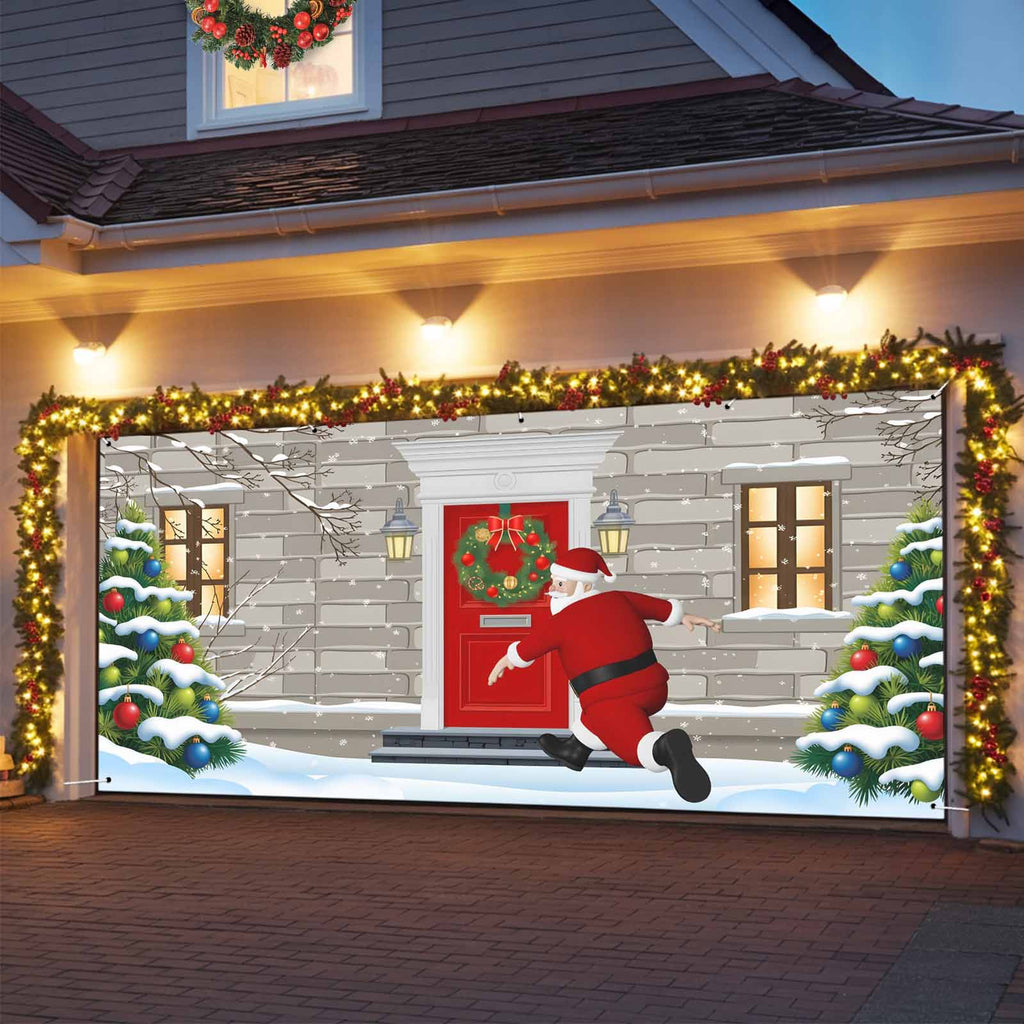 Fsddascl 7 x 16 Ft Christmas Garage Door Cover, Black Christmas Tree Large Garage Door Banner, Xmas Snowflake Green Golden Hanging Garage Mural Background for Indoor Outdoor Xmas Party Supplies