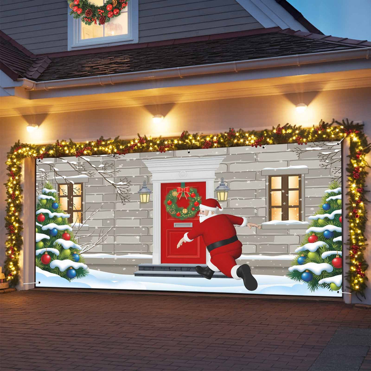 Fsddascl 7 x 16 Ft Christmas Garage Door Cover, Black Christmas Tree Large Garage Door Banner, Xmas Snowflake Green Golden Hanging Garage Mural Background for Indoor Outdoor Xmas Party Supplies