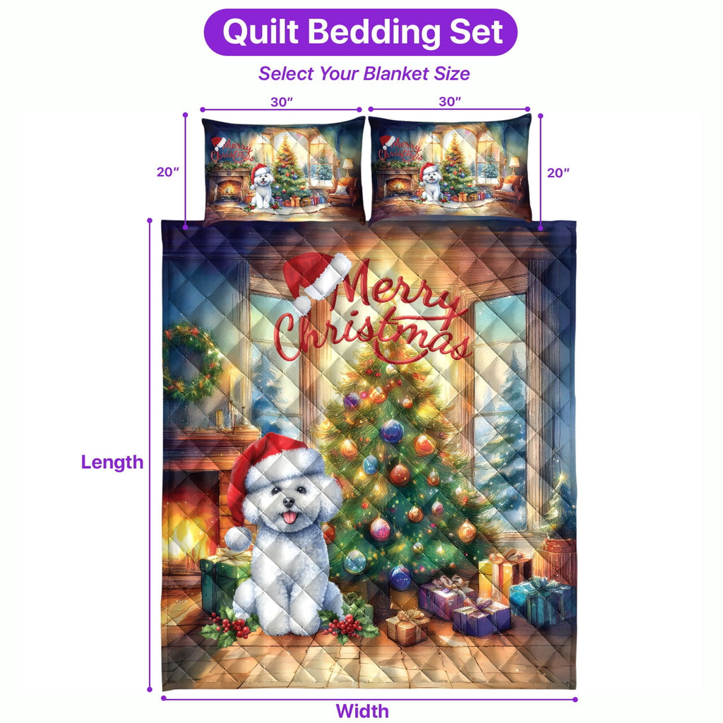 Merry Christmas French Bulldog Santa Hat Xmas Tree Winter Holiday Quilt Bedding Set Dog Lover Gifts 1 Blanket Bed Cover 2 Pillowcases - 01013