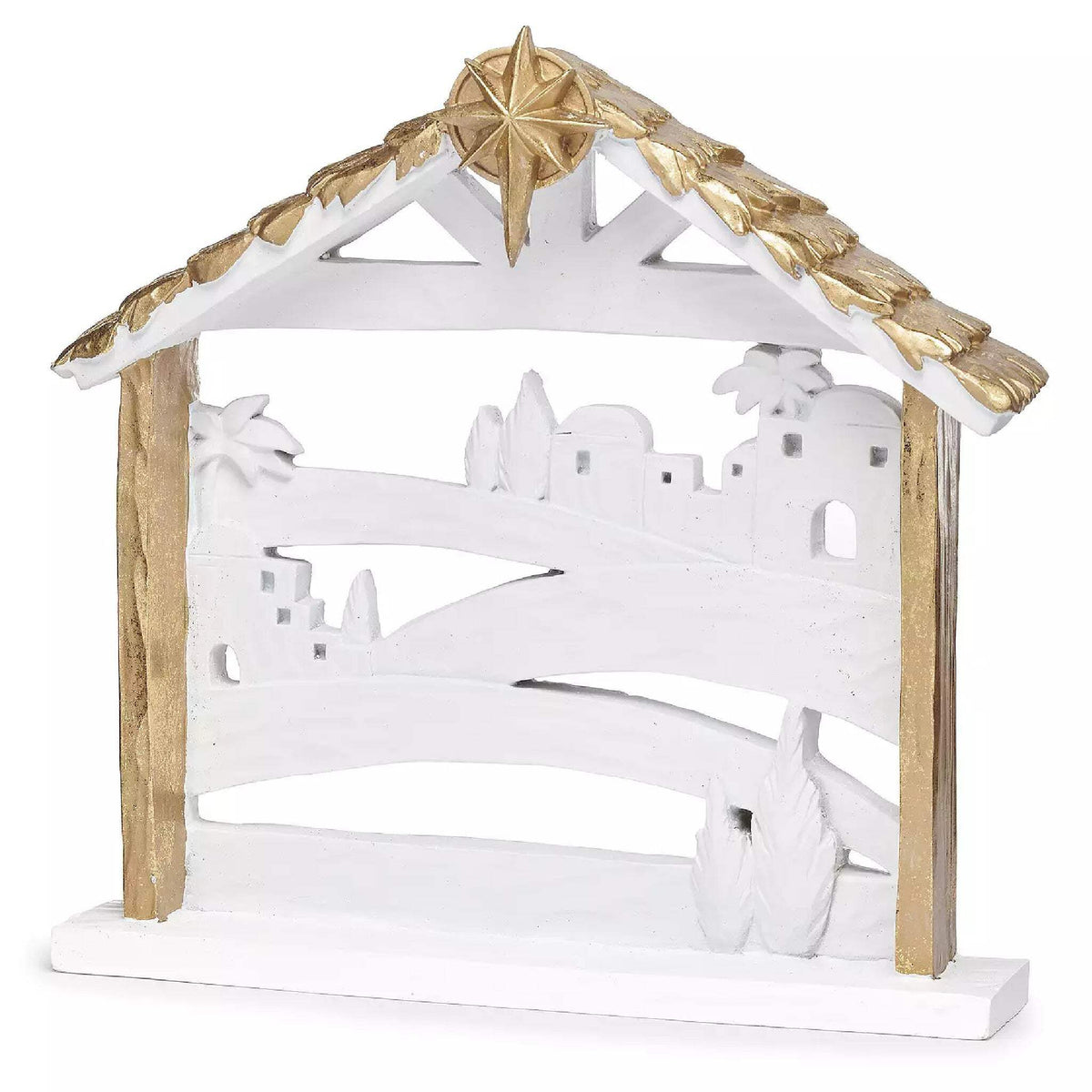Roman Nativity Scene, Set of 7, White with Gold Pattern, 11-inch Height, Resin
