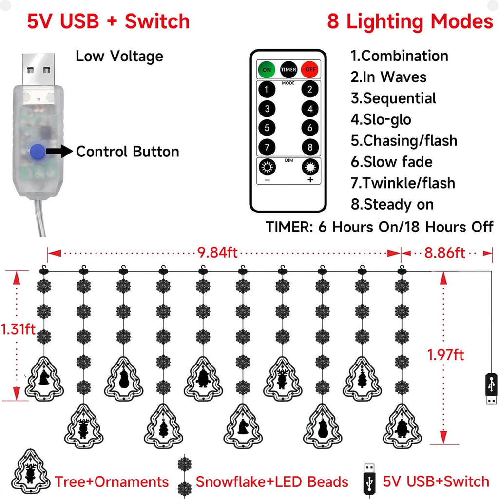 WILLED Christmas String Lights, 120 LED Window Curtain Lights with Christmas Ornaments, 9.8ft USB Powered Warm White Waterproof Fairy Lights Indoor Outdoor for Xmas Tree Patio Garden Party Home Decor