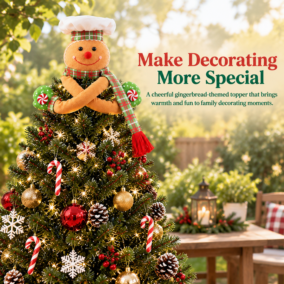 Gingerbread Man Christmas Tree Topper with Rotating LED Snowflake Projector, Green White