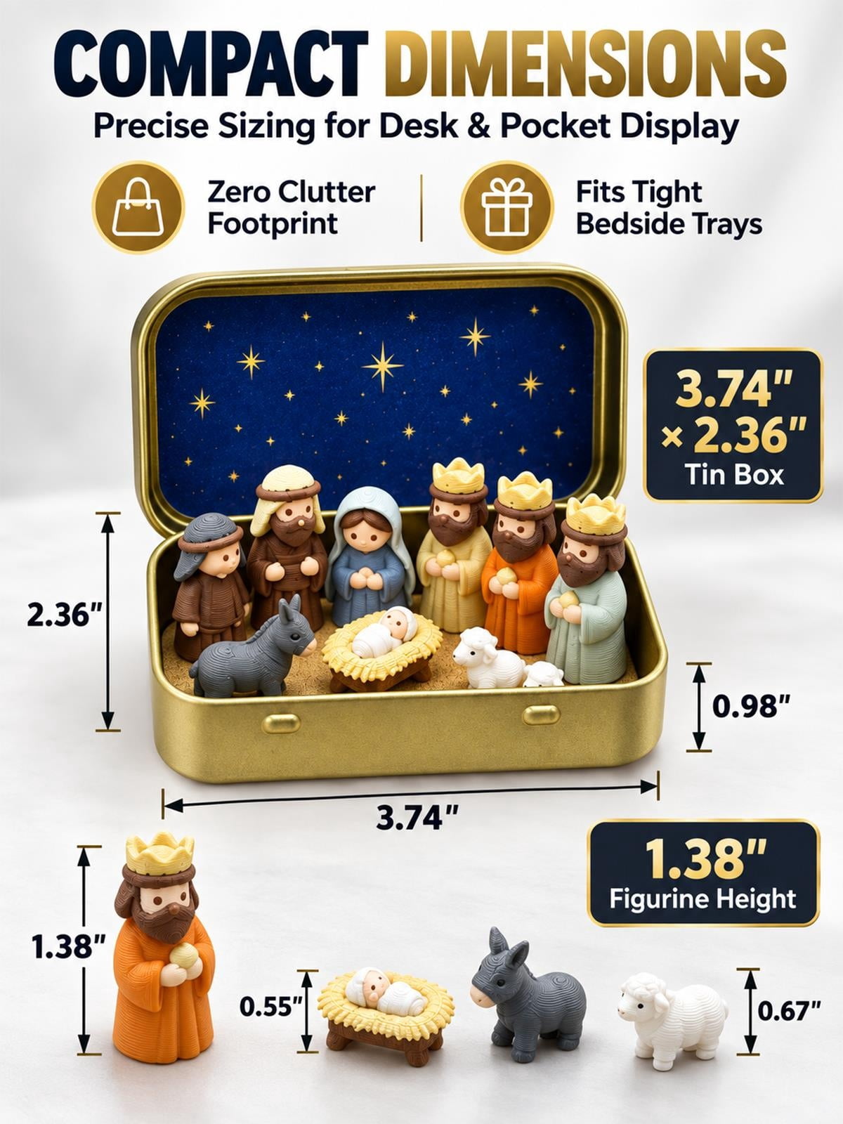 Nativity Set Scene 3D Printed Outdoor Pocket Size Holy Family Figurines Christmas in a Tin Box Decor Gift